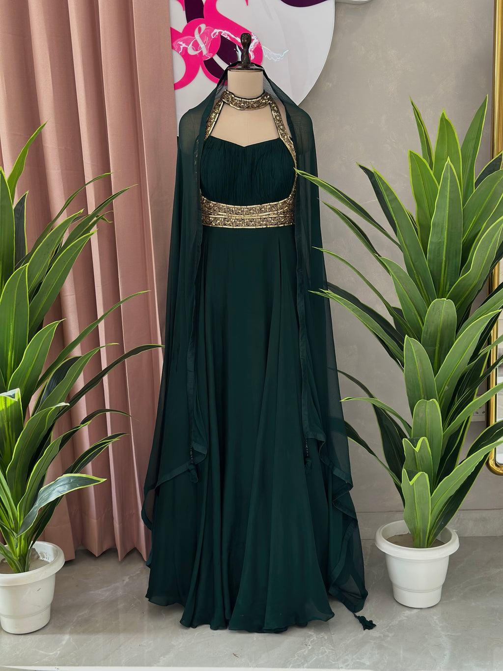 Premium Flowy Halter Neck Gown With Embellished Waist Detail