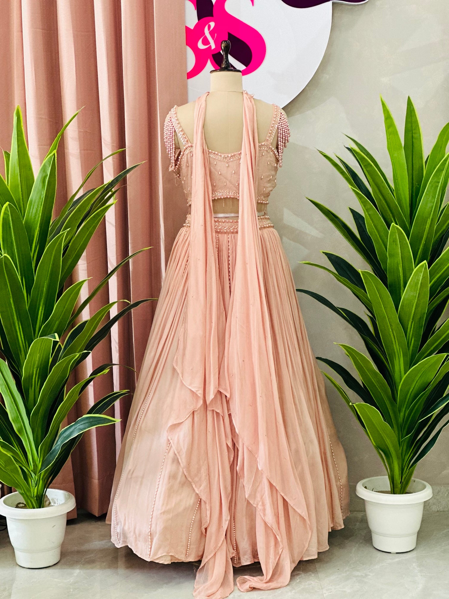Soft Peach Designer Lehenga with Pearl Handwork