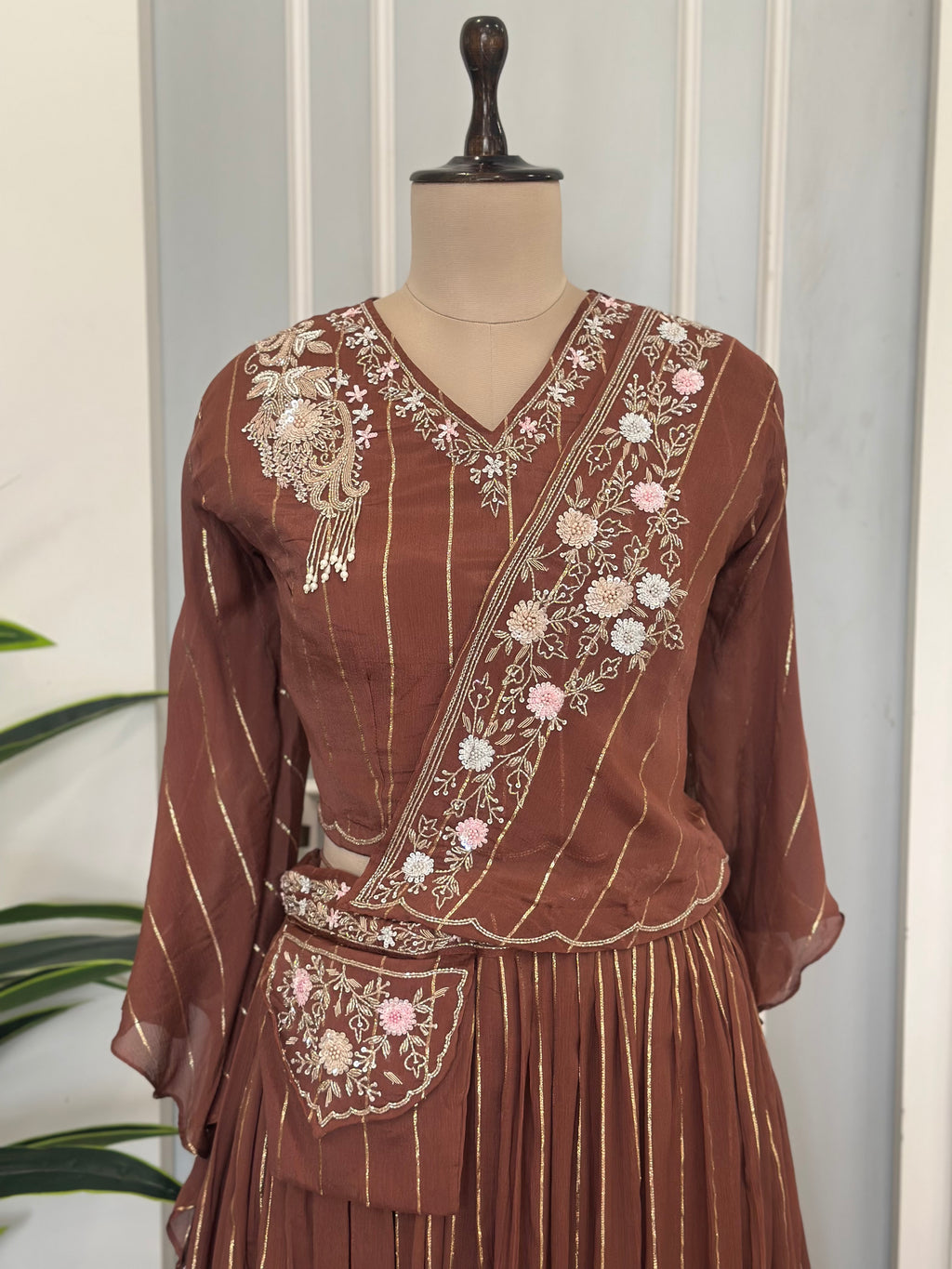 Floral Handwork Top & Flared Skirt Set