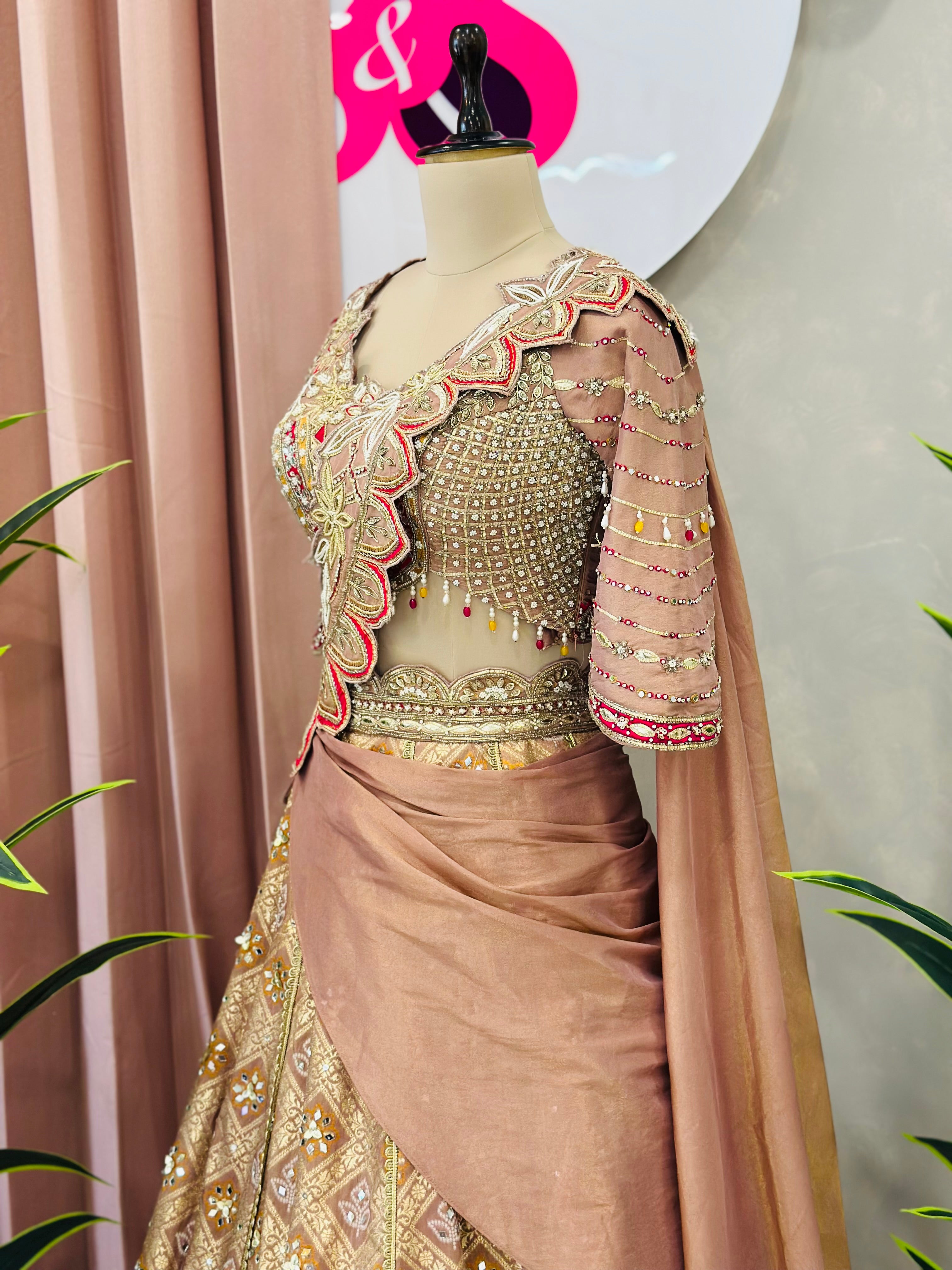Elegant Peach Gold Designer Lehenga with Handwork Blouse