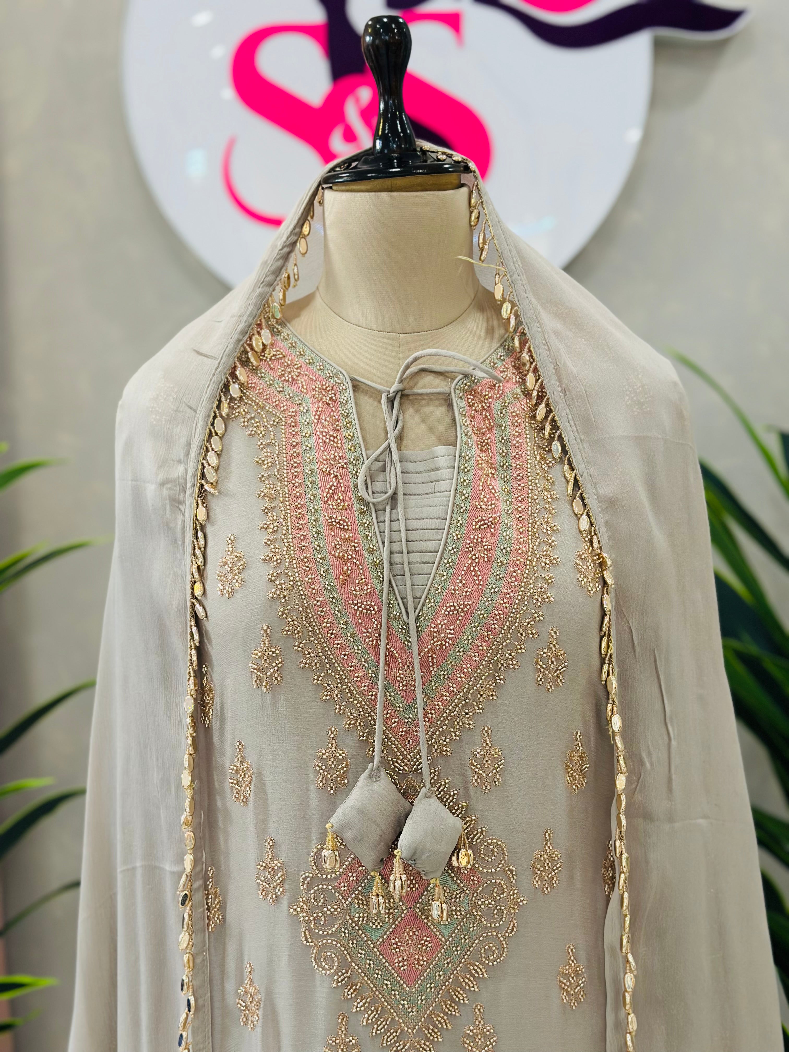 Elegant Grey Handwork Kurta Set