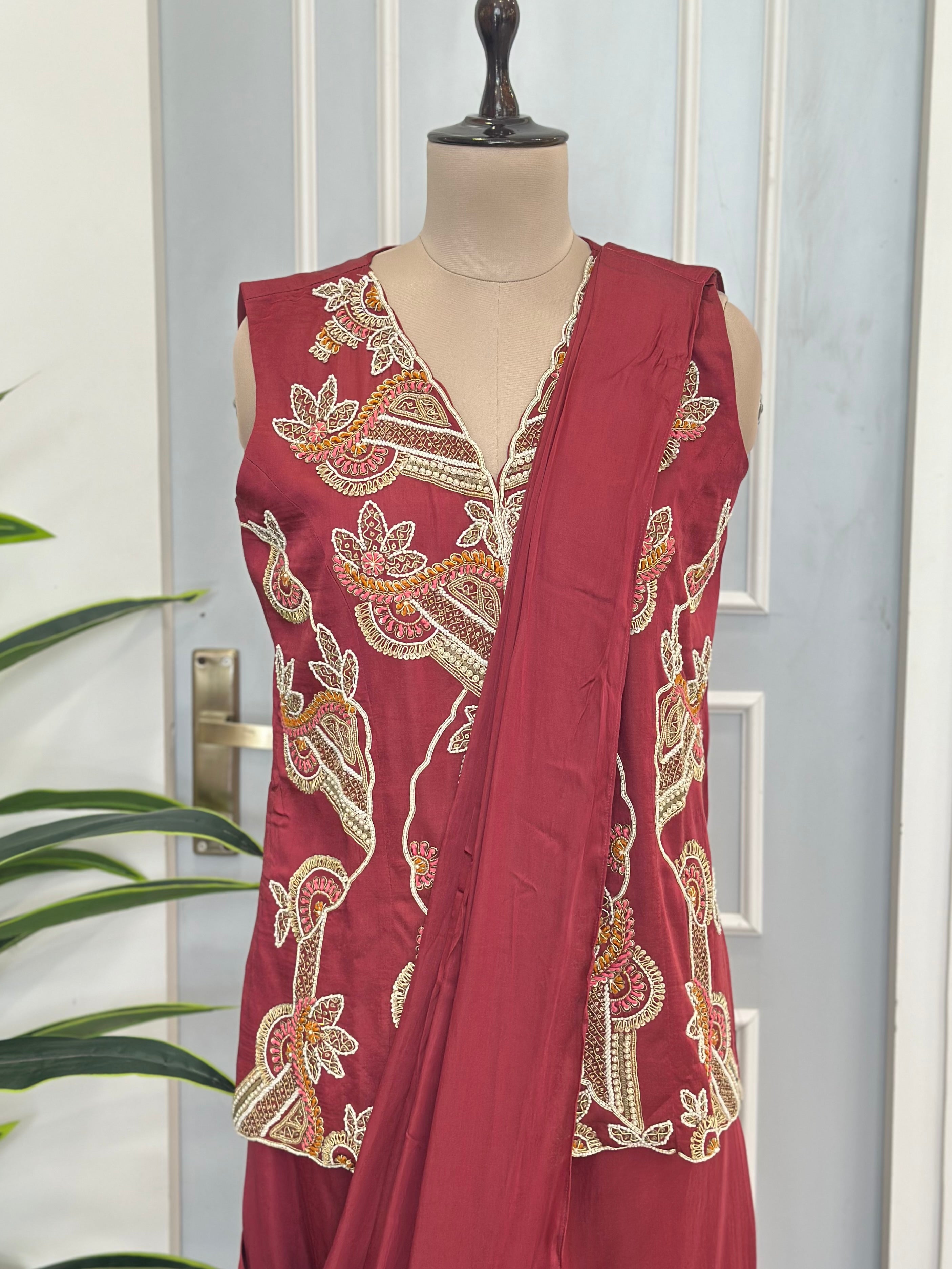 Mehroon Handwork Drape Saree Set