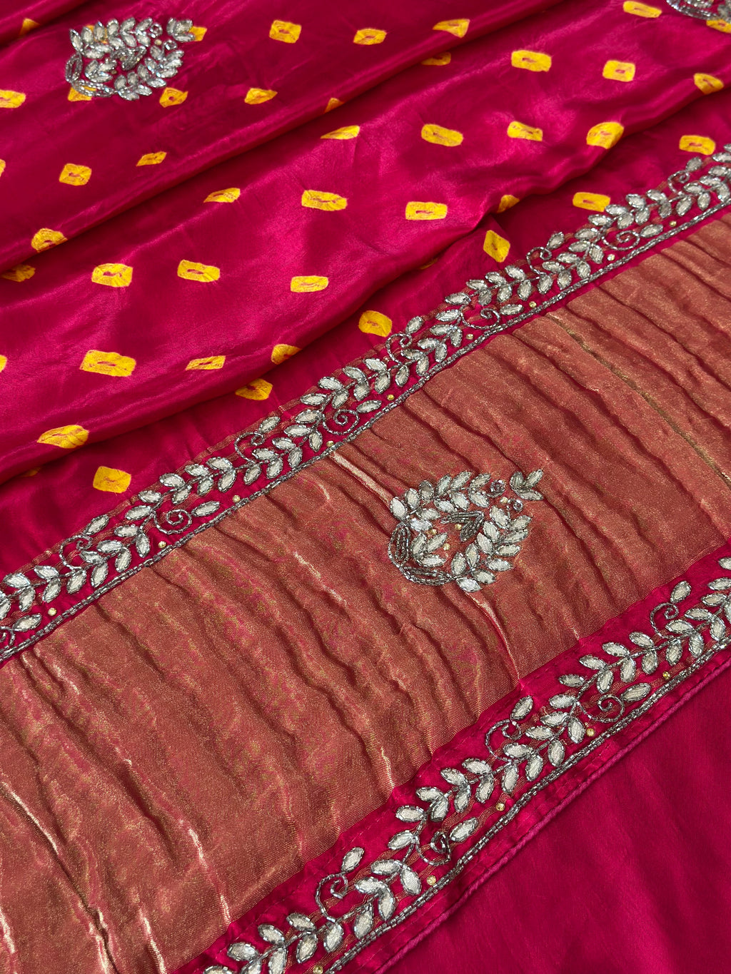🌸 Shahi Bandhej Saree with Handcrafted Gota Patti Detailing🌸