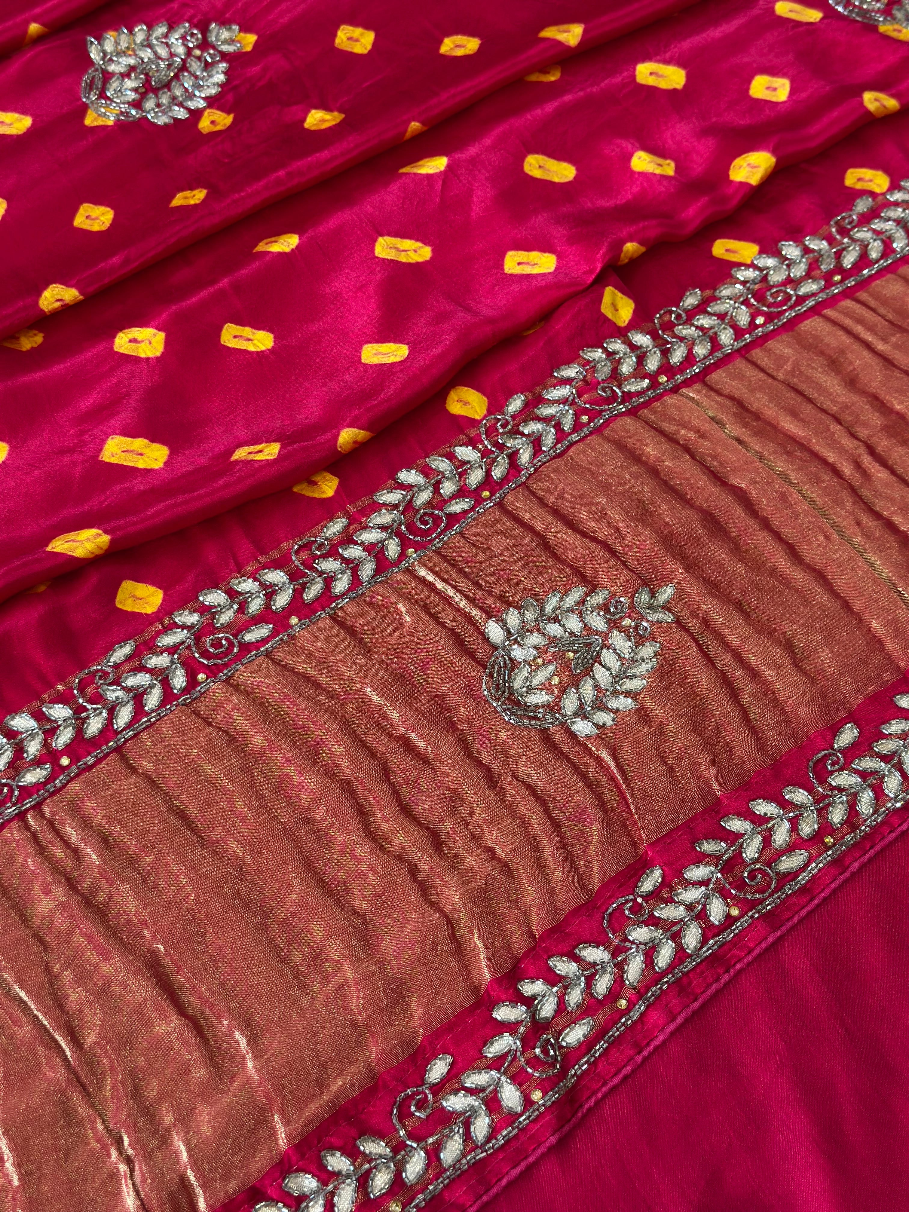 🌸 Shahi Bandhej Saree with Handcrafted Gota Patti Detailing🌸