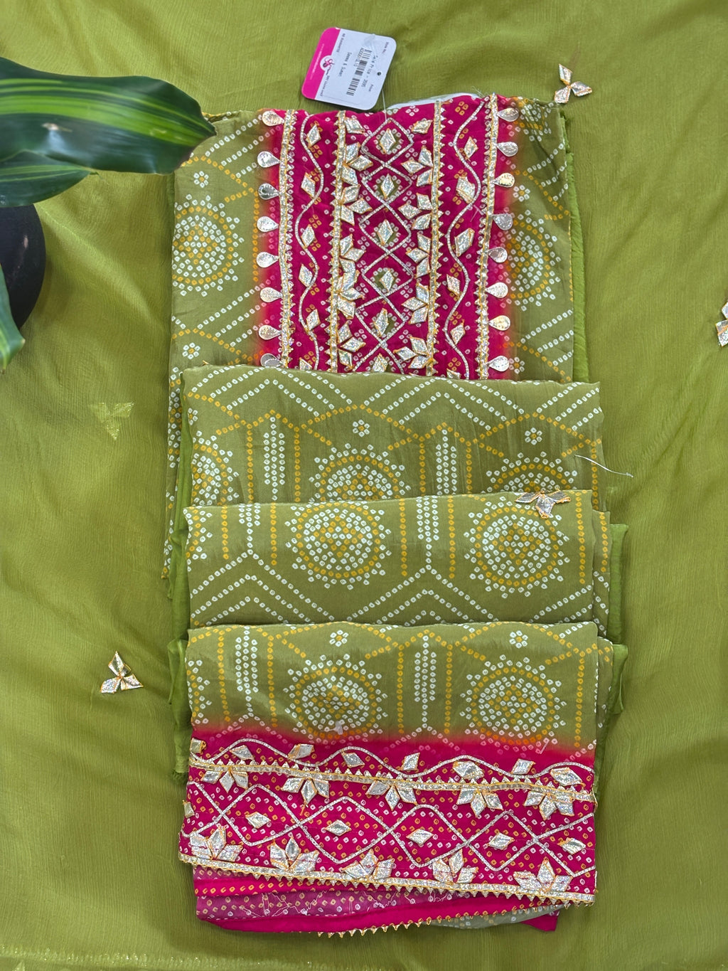 Festive Bandhani Gota Work Unstitched Suit Set