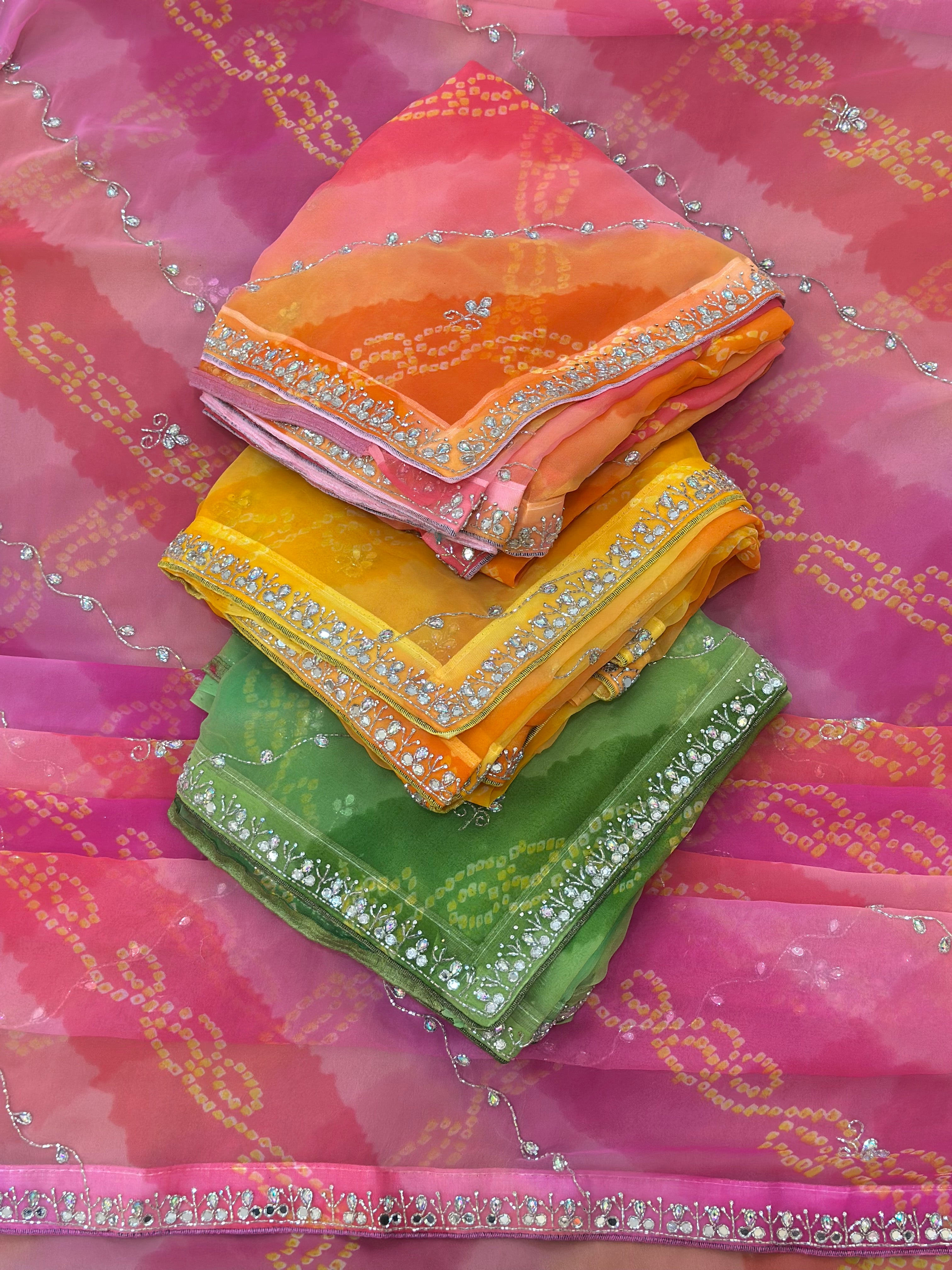 Rangriti Bandhani Georgette Saree with Stone Work Border