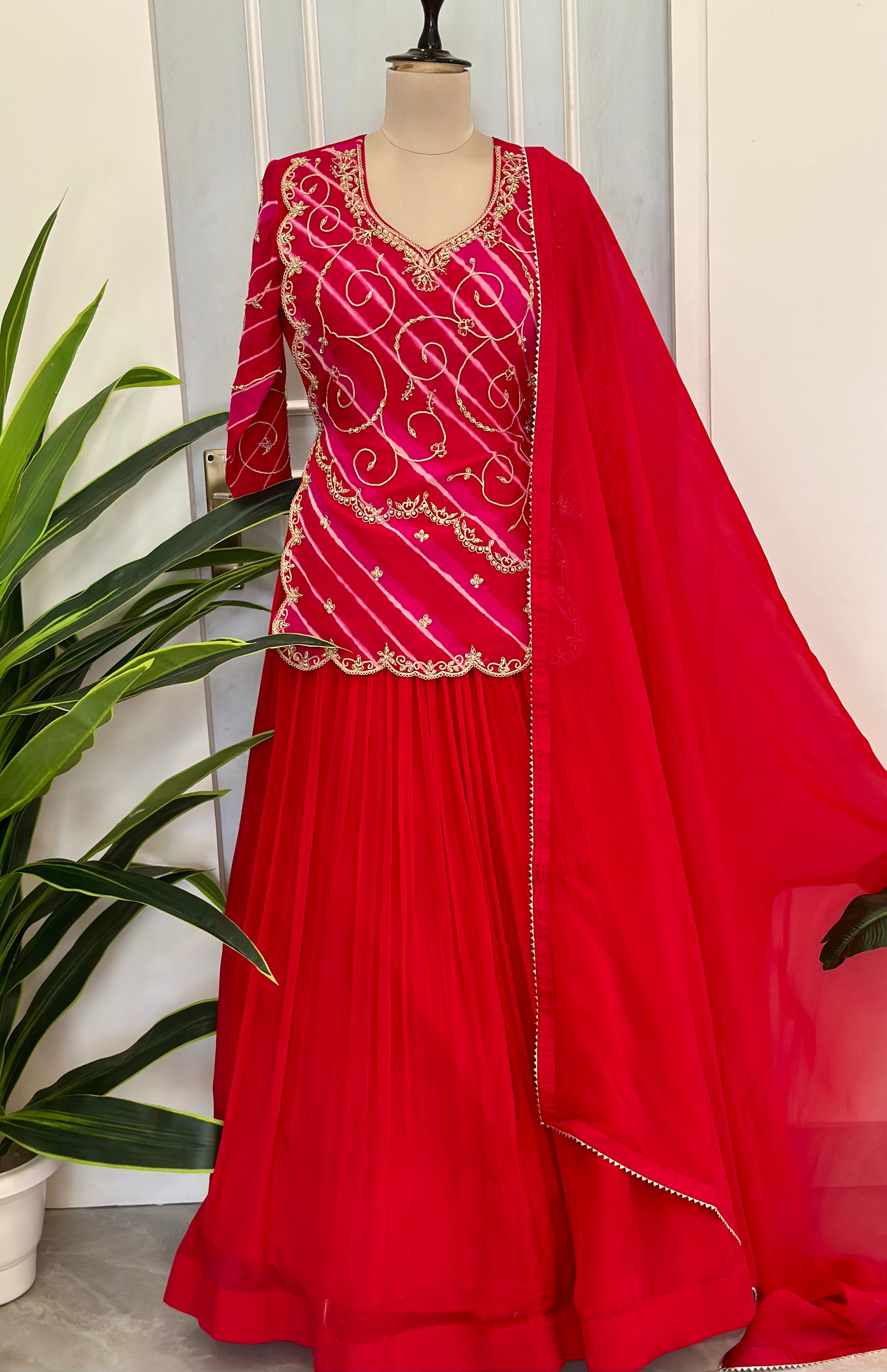 Traditional Rani Pink Handwork Gown with Dupatta