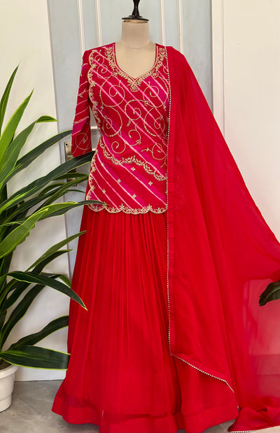 Traditional Rani Pink Handwork Gown with Dupatta