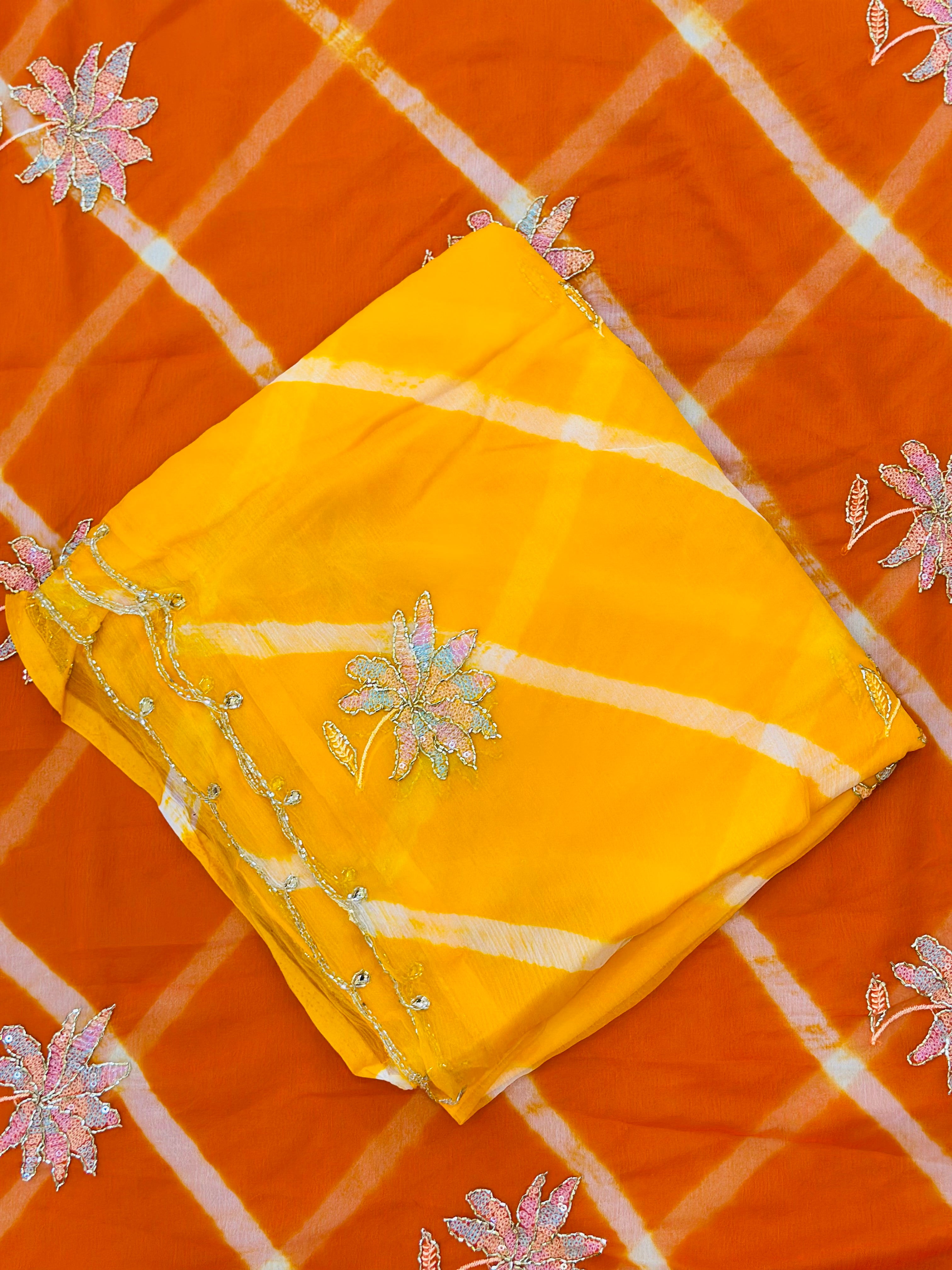 Traditional Leheriya Saree with Floral Handwork Detailing
