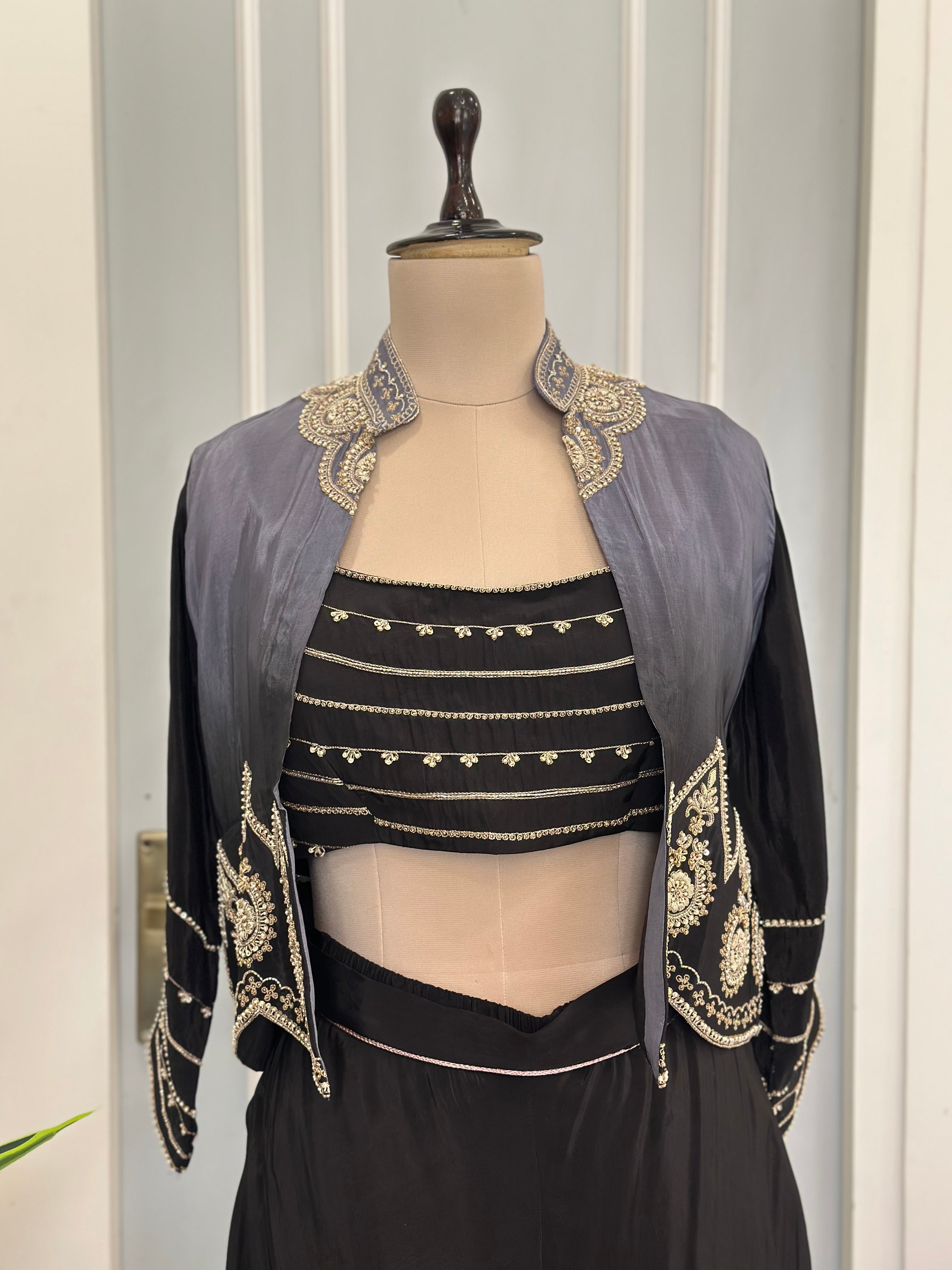 Black Handworked Three-Piece Indo-Western Set