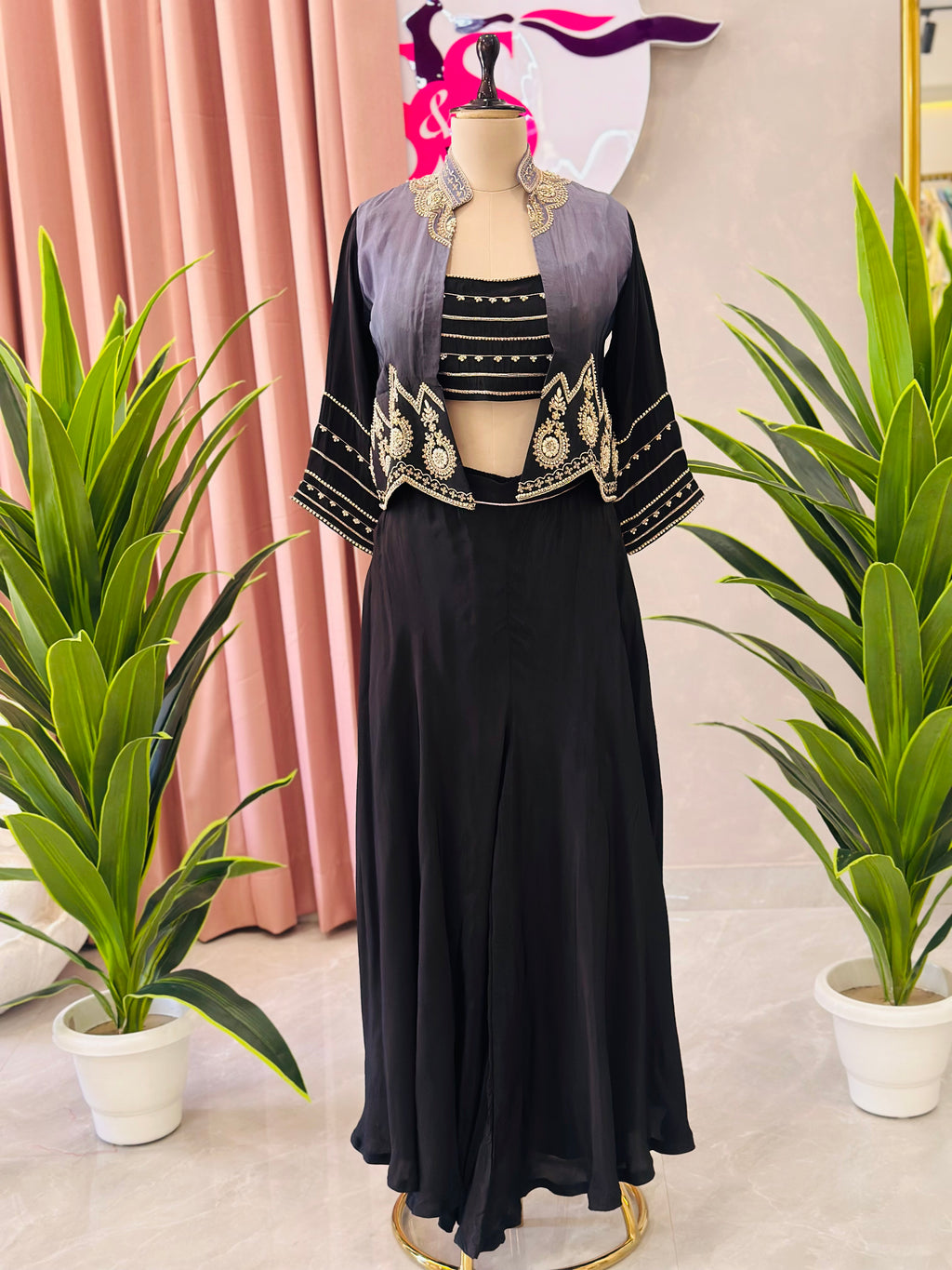 Black Handworked Three-Piece Indo-Western Set