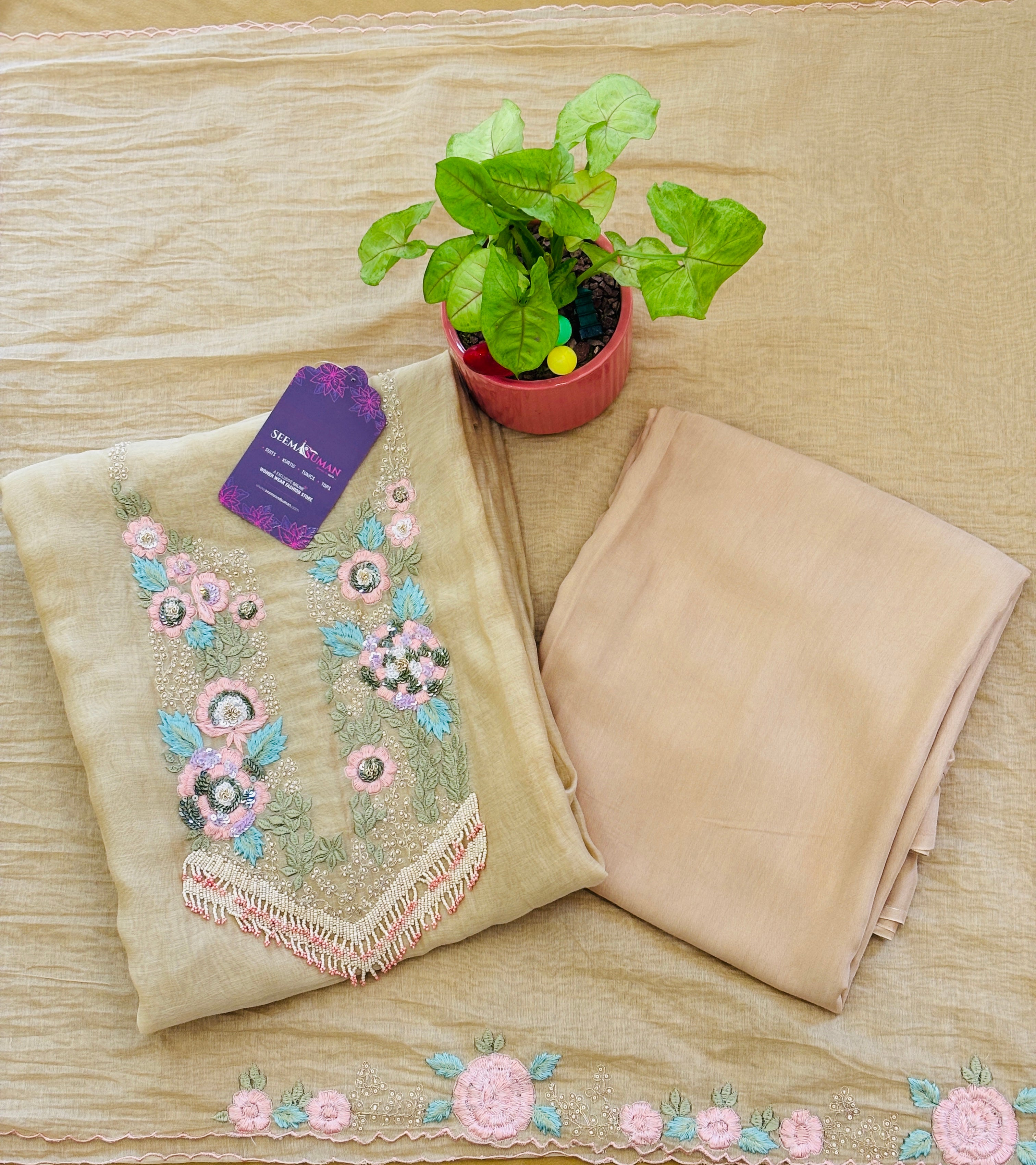 Designer Floral Threadwork Dress Material