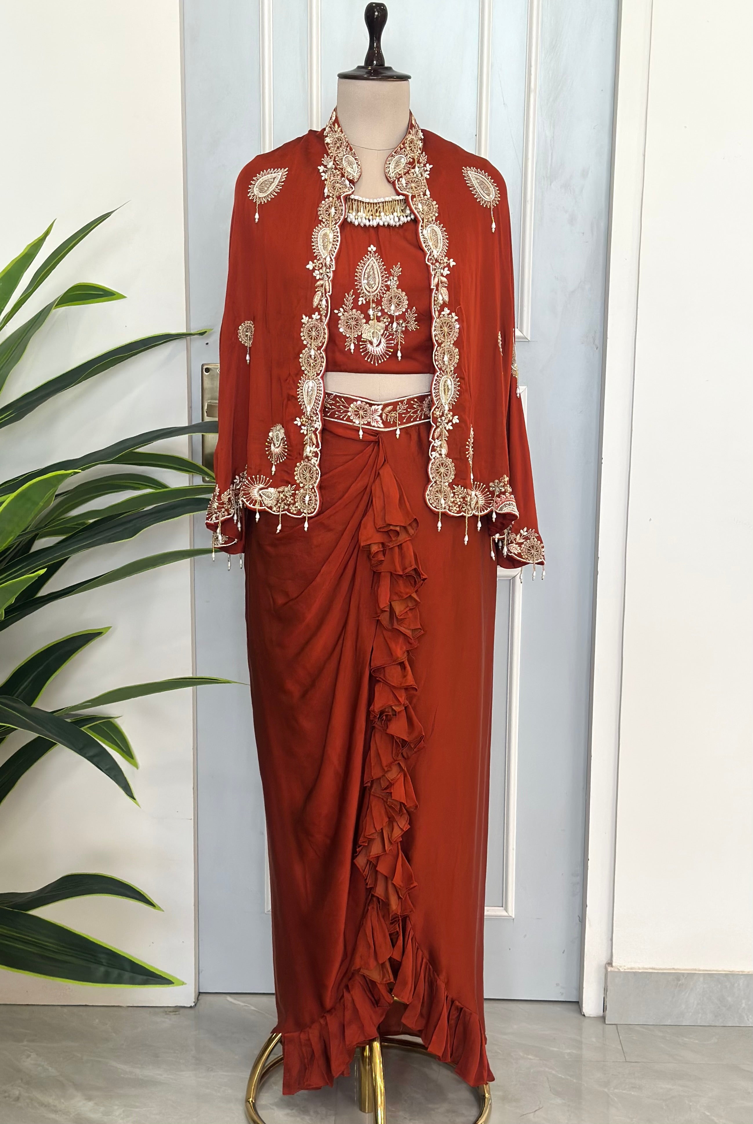 Rust Royale Handwork Cape & Drape Skirt Set