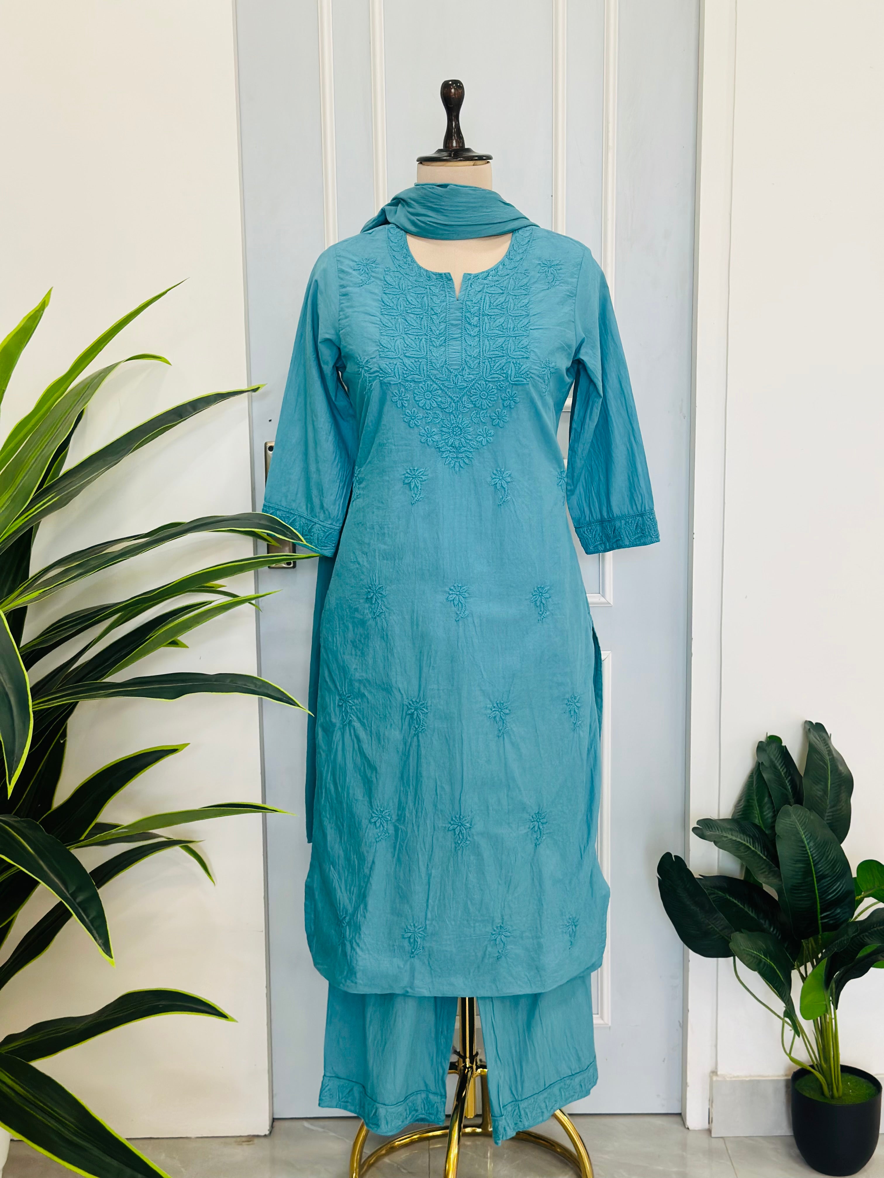 Elegant Cotton Embroidered Kurta Set with Dupatta