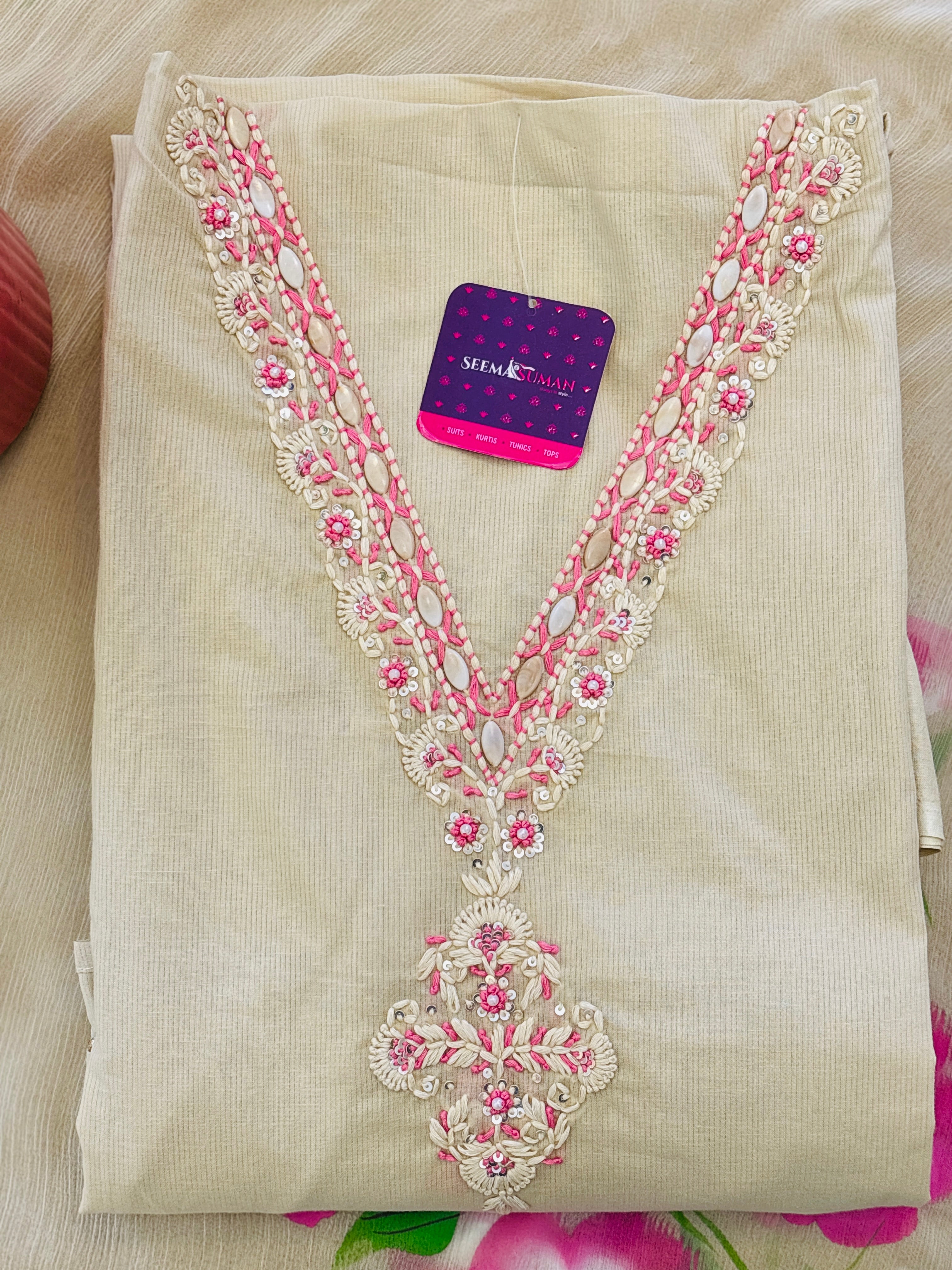 Floral Hand embroidery Unstitched Suit Set With Hand Painted Dupatta