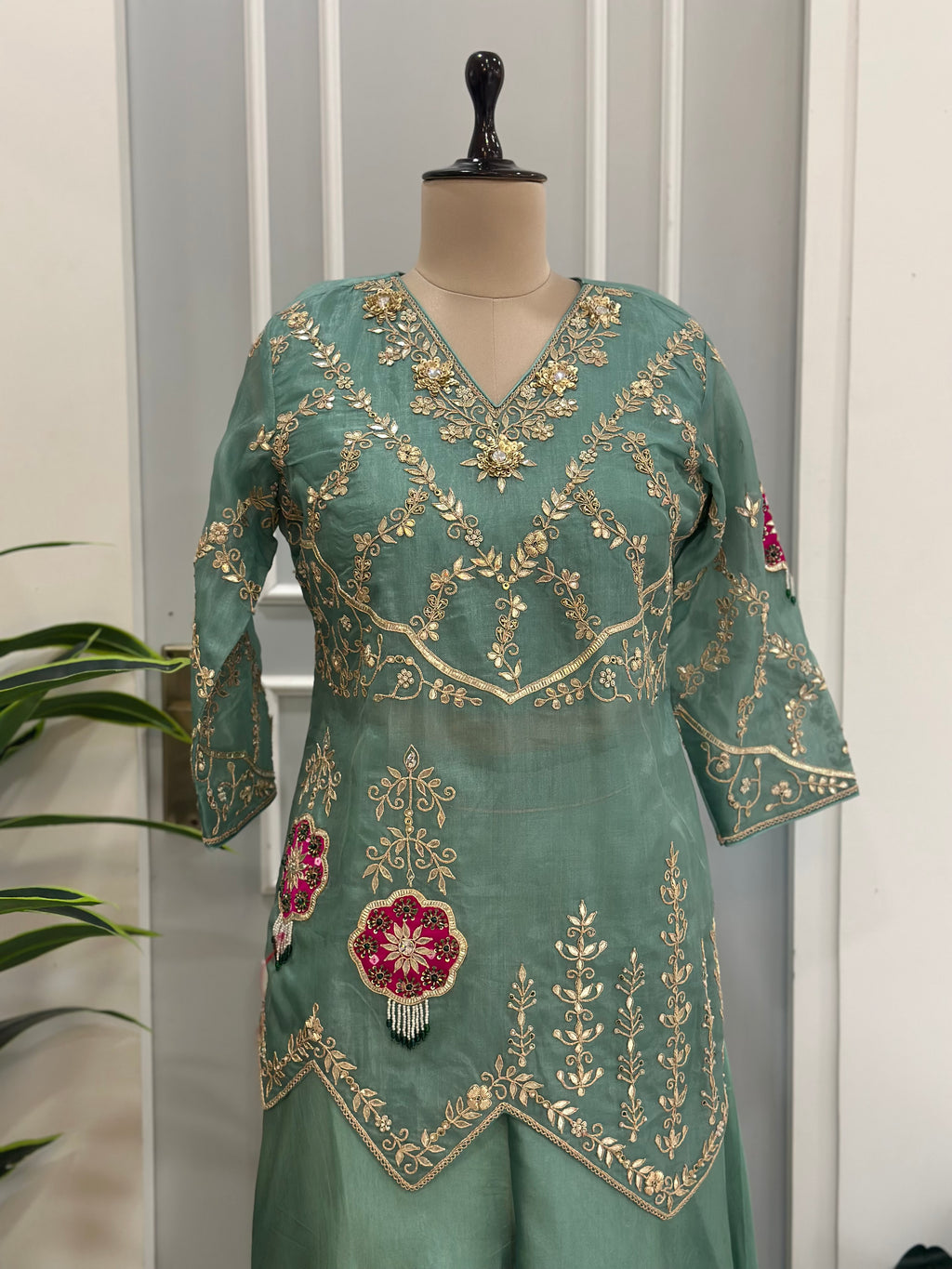 Elegant Handwork Kurta Palazzo Indo-western Set With Dupatta