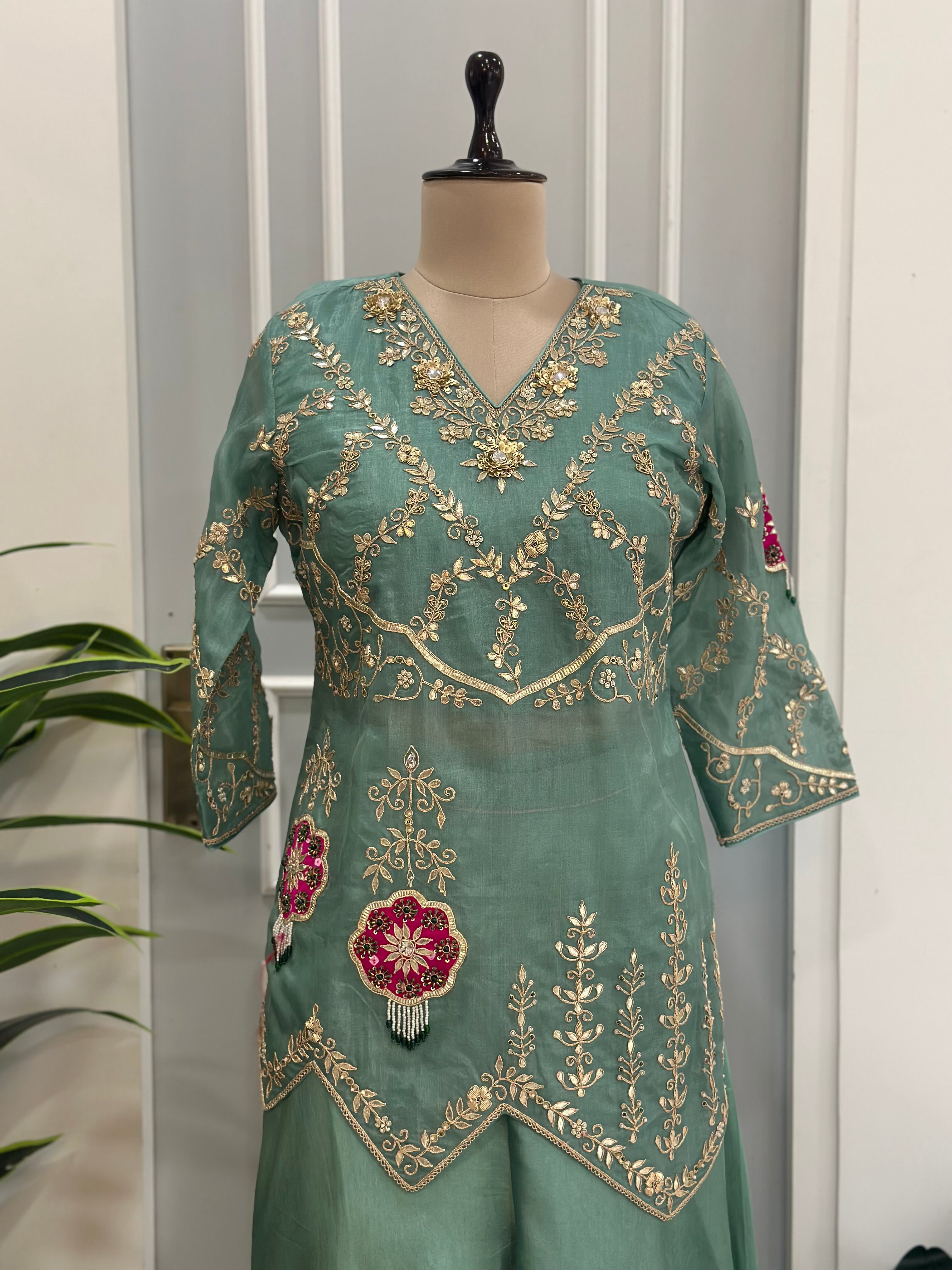 Elegant Handwork Kurta Palazzo Indo-western Set With Dupatta