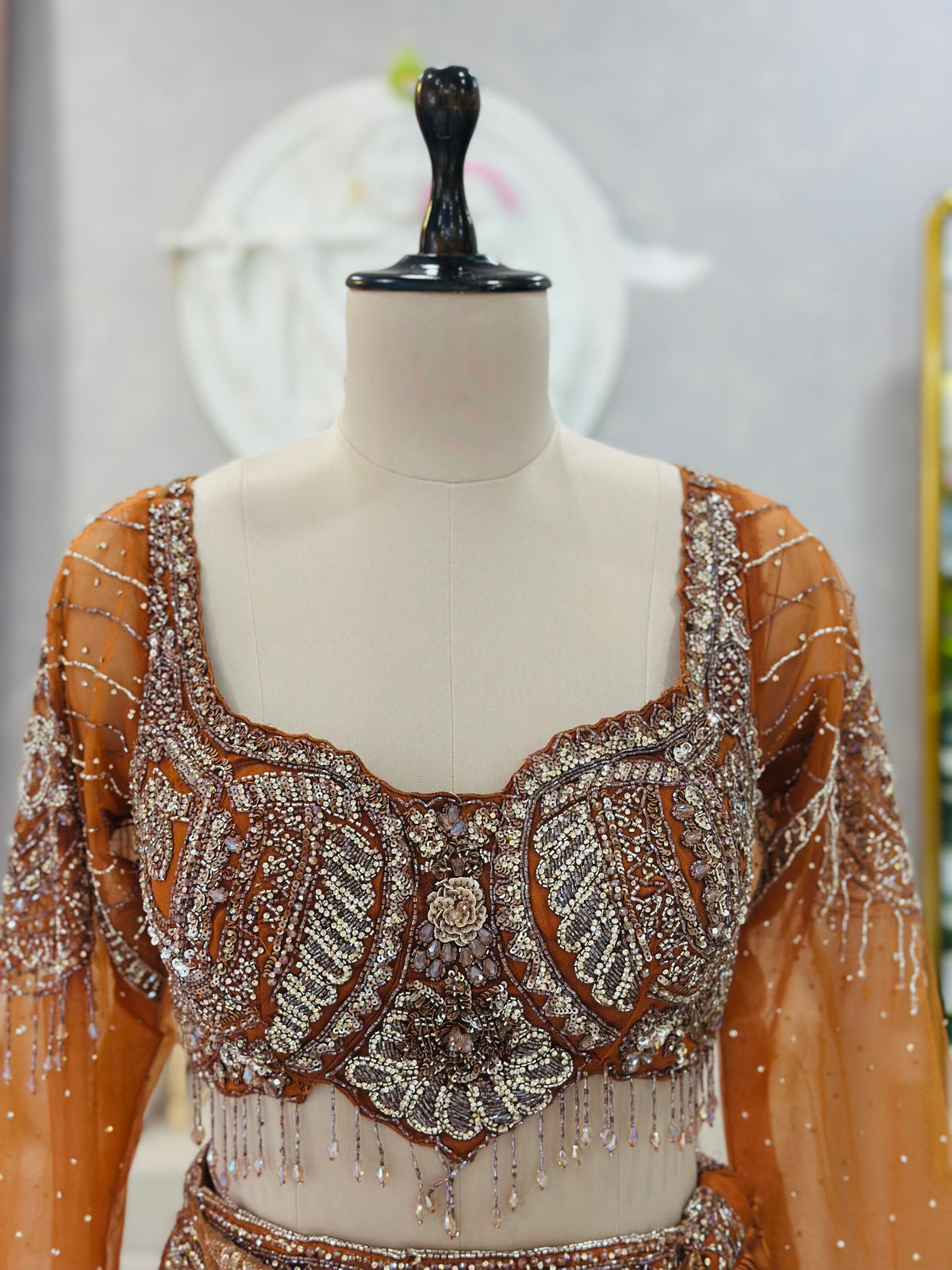 Rust Embellished Designer Drape Saree