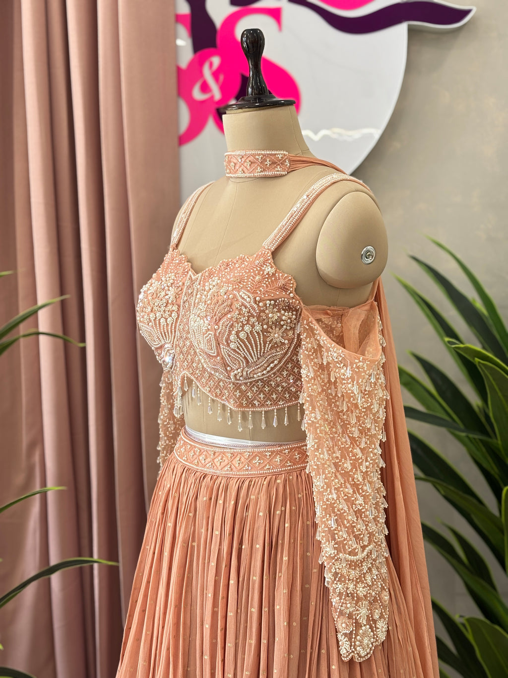 Elegant Off-Shoulder Handwork Lehenga Set