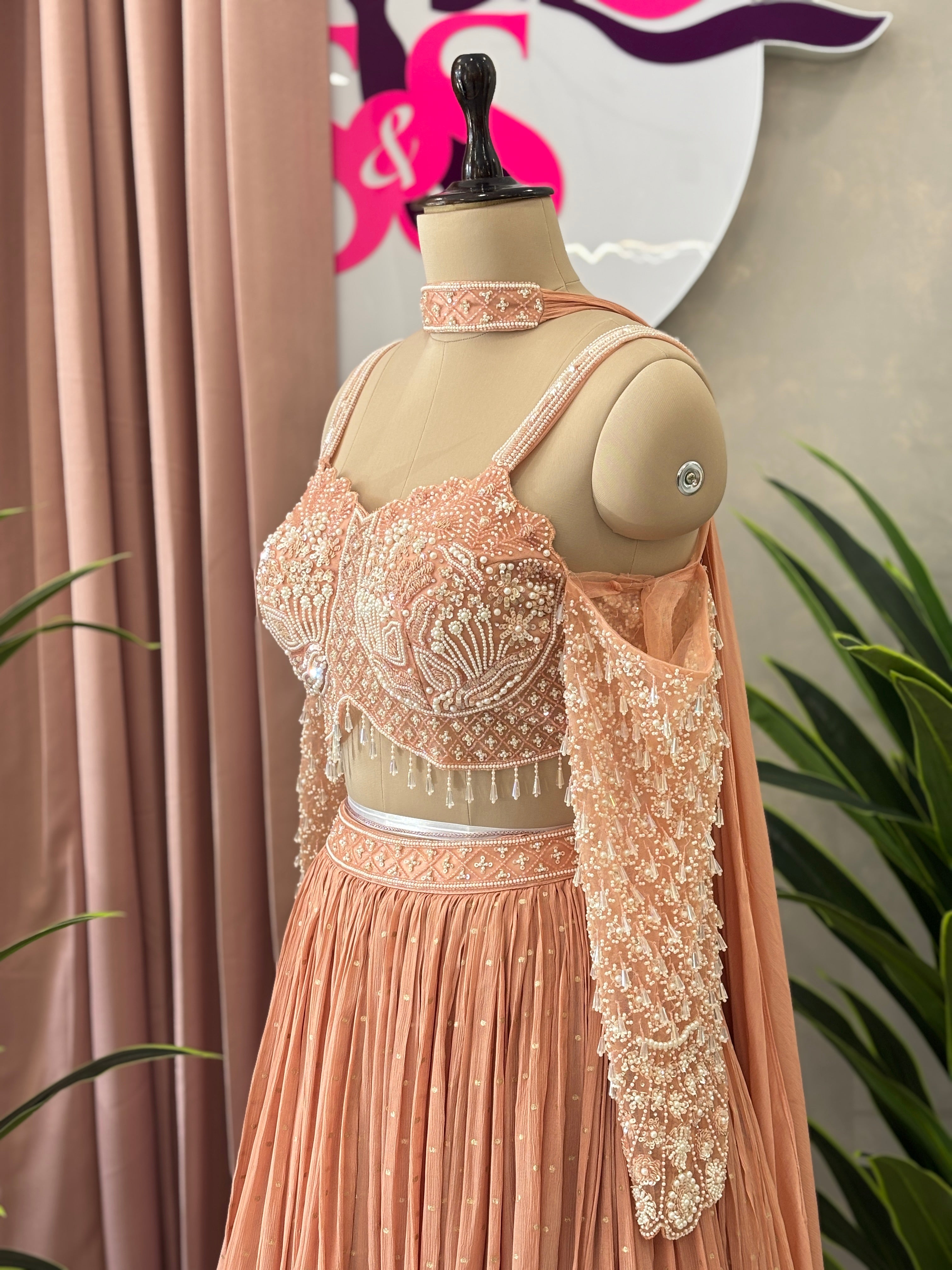 Elegant Off-Shoulder Handwork Lehenga Set
