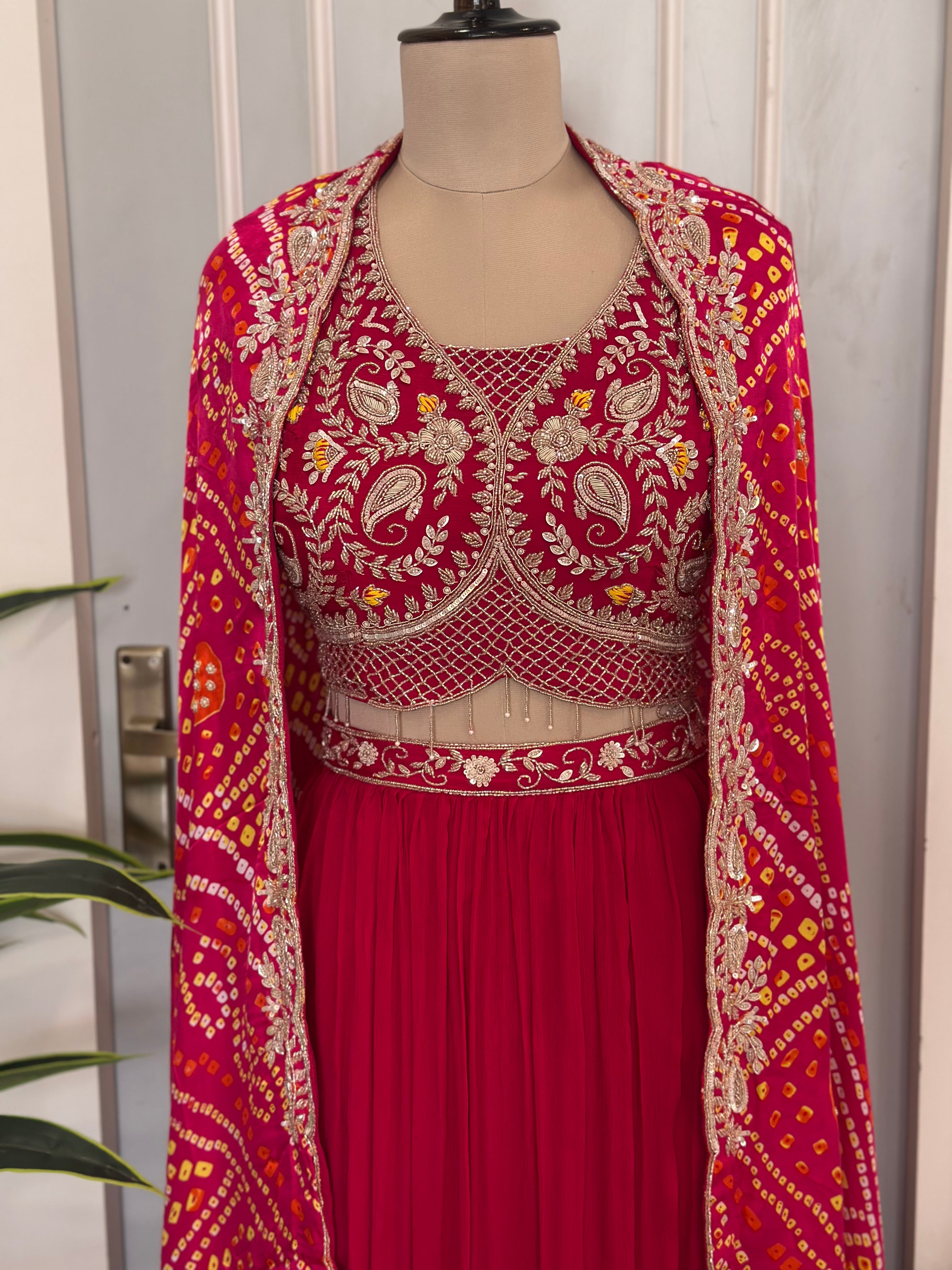 Designer Bandhani Shrug Style Skirt Set
