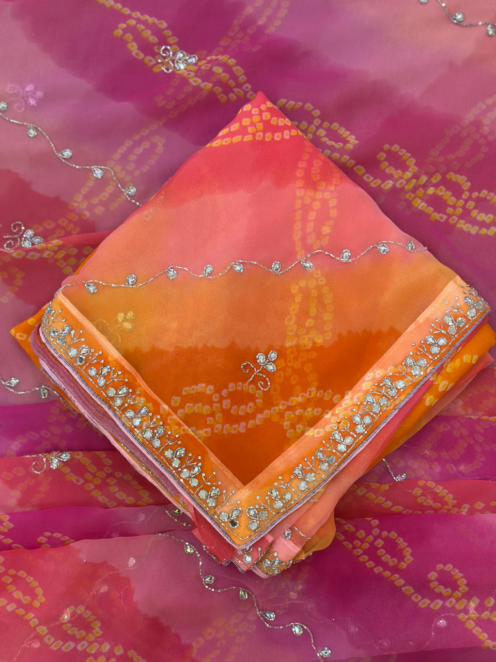 Rangriti Bandhani Georgette Saree with Stone Work Border