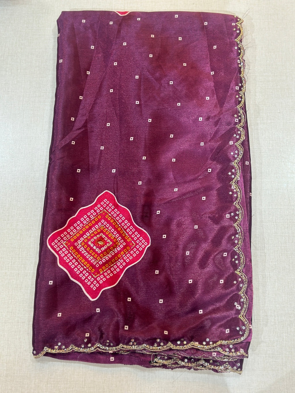PURE CHINON BAHNDEJ HANDWORK SAREE