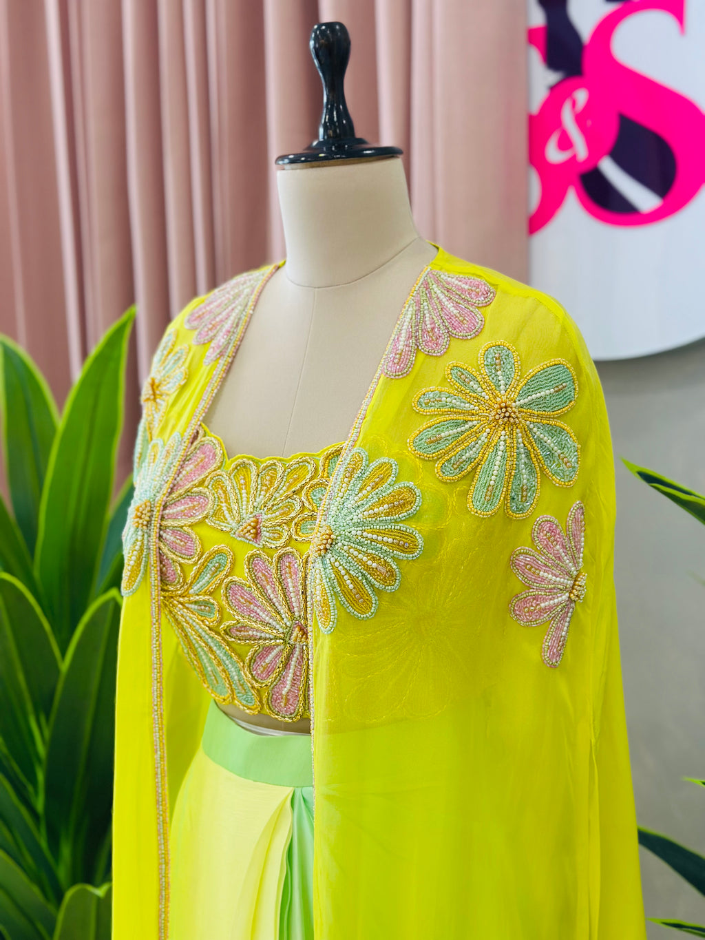 Pastel Floral Handwork Lehenga with Flowing Cape