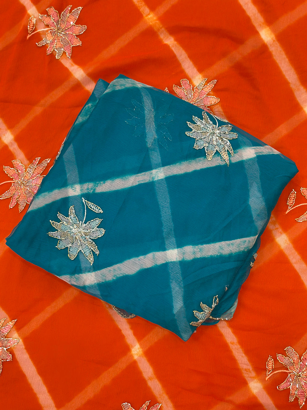 Traditional Leheriya Saree with Floral Handwork Detailing