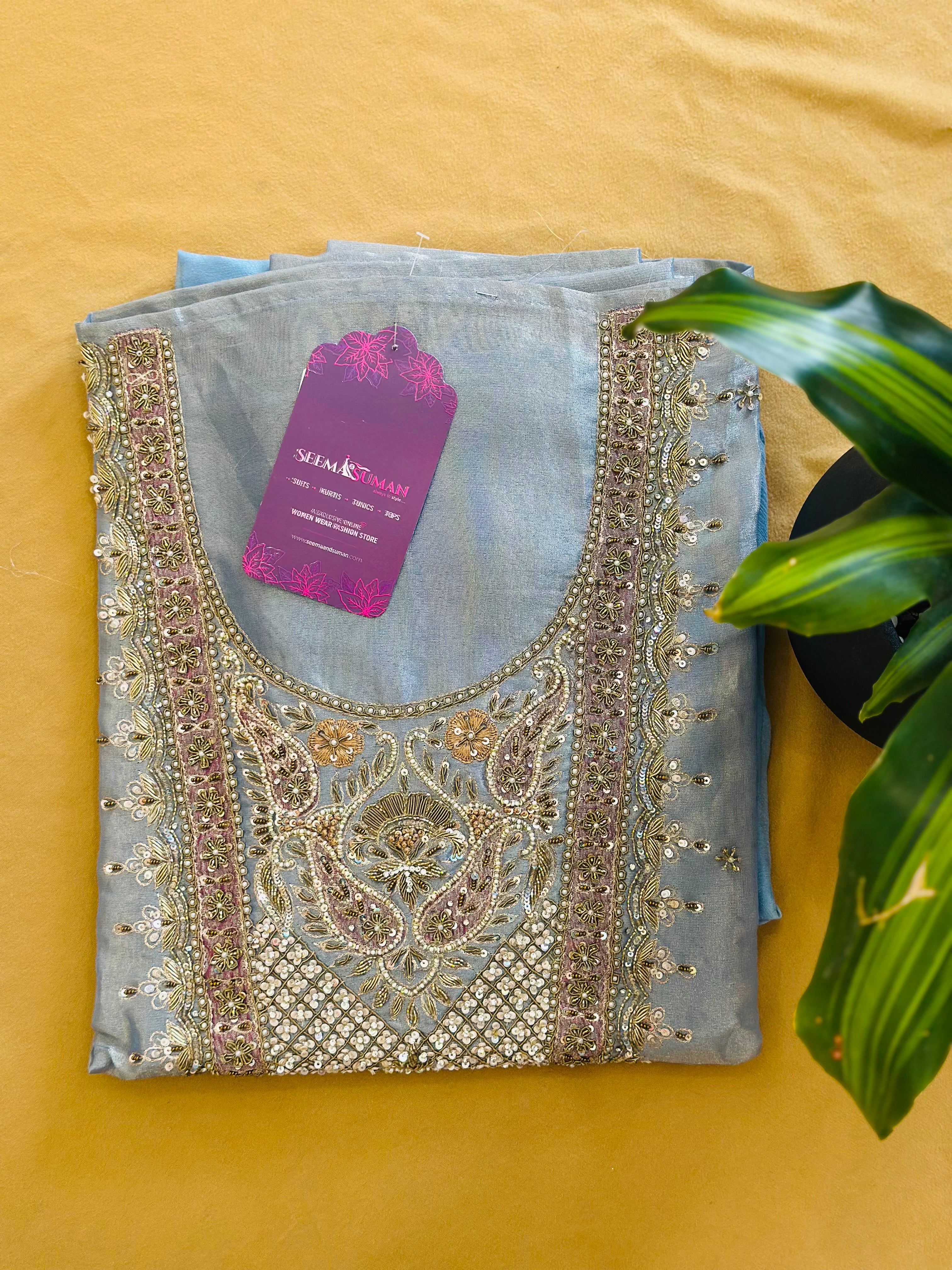 Premium Pure Zari Tissue Suit – Detailed with Handwork