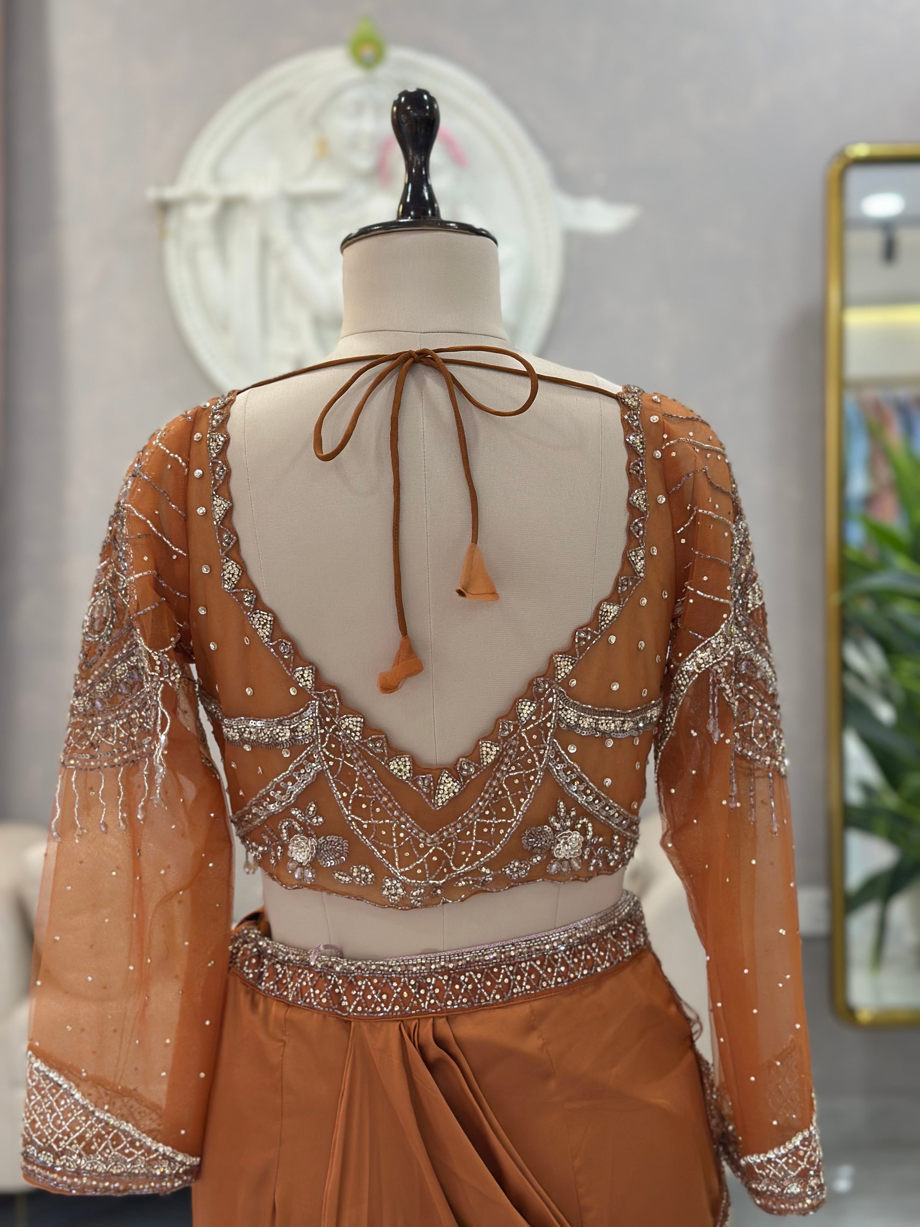 Rust Embellished Designer Drape Saree