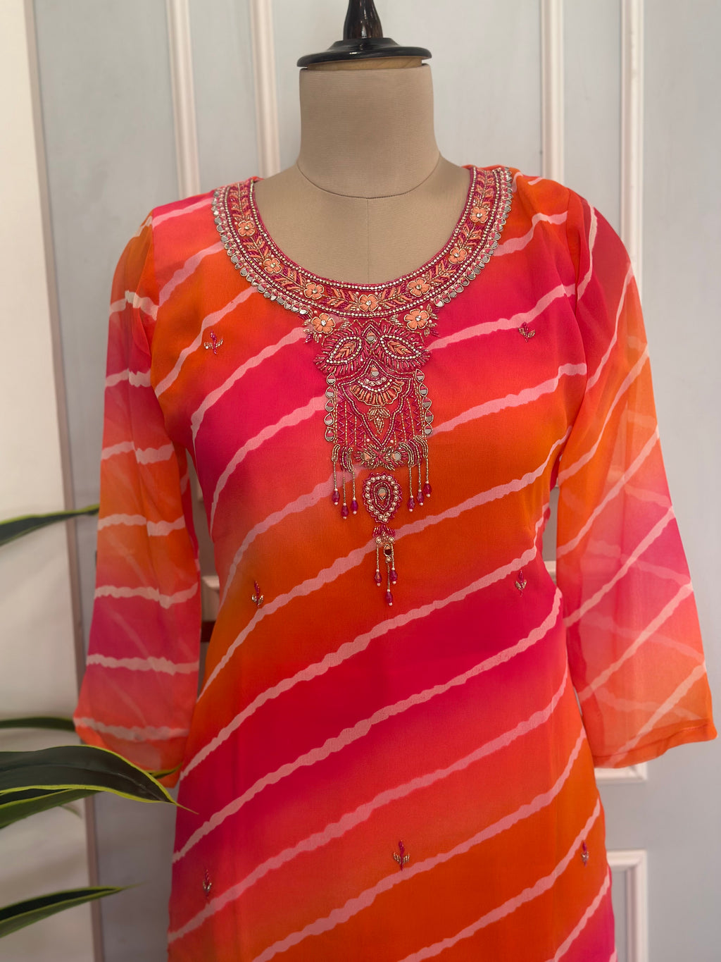 Leheriya Handwork Straight Kurta Set with Dupatta