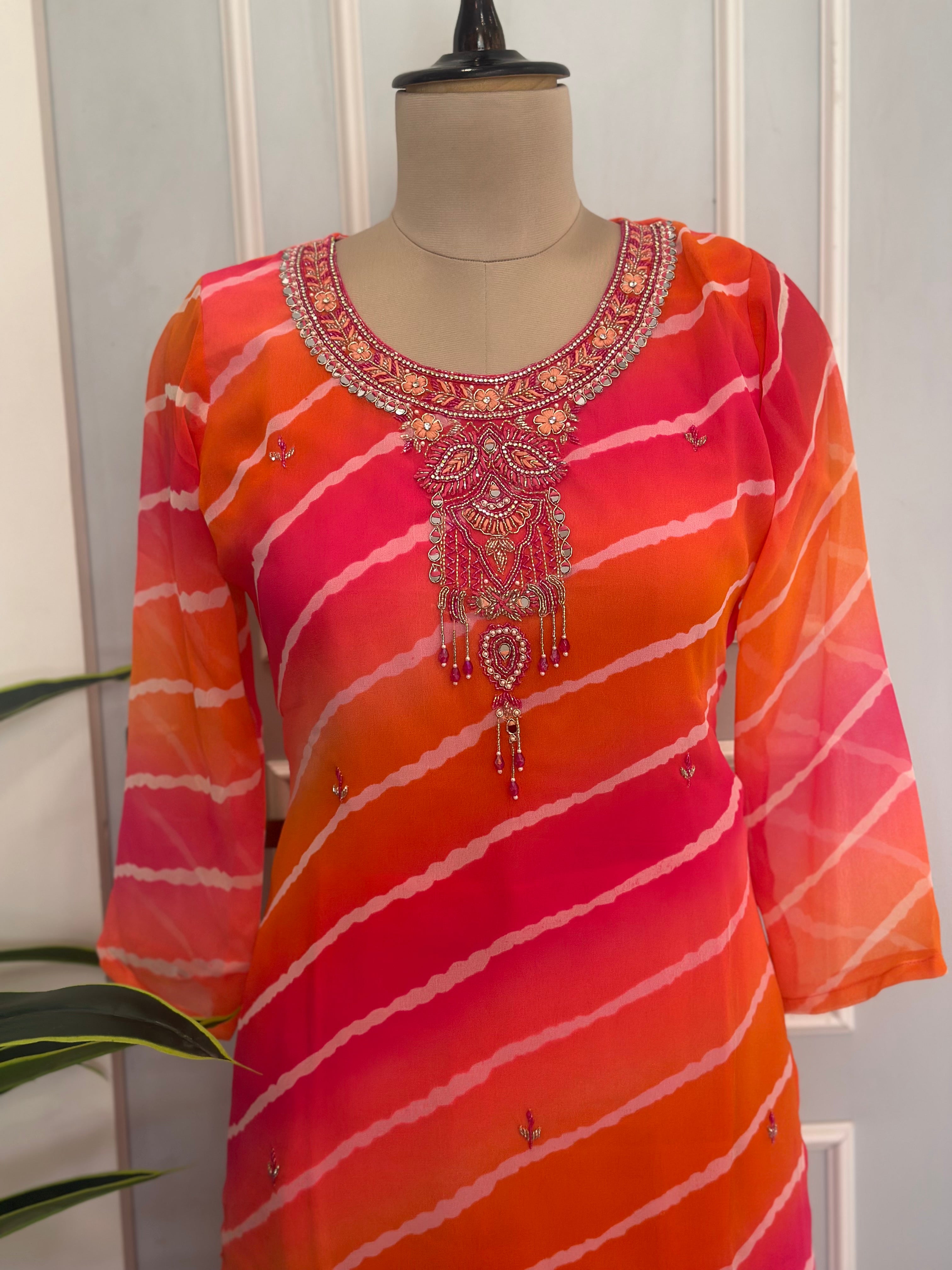 Leheriya Handwork Straight Kurta Set with Dupatta