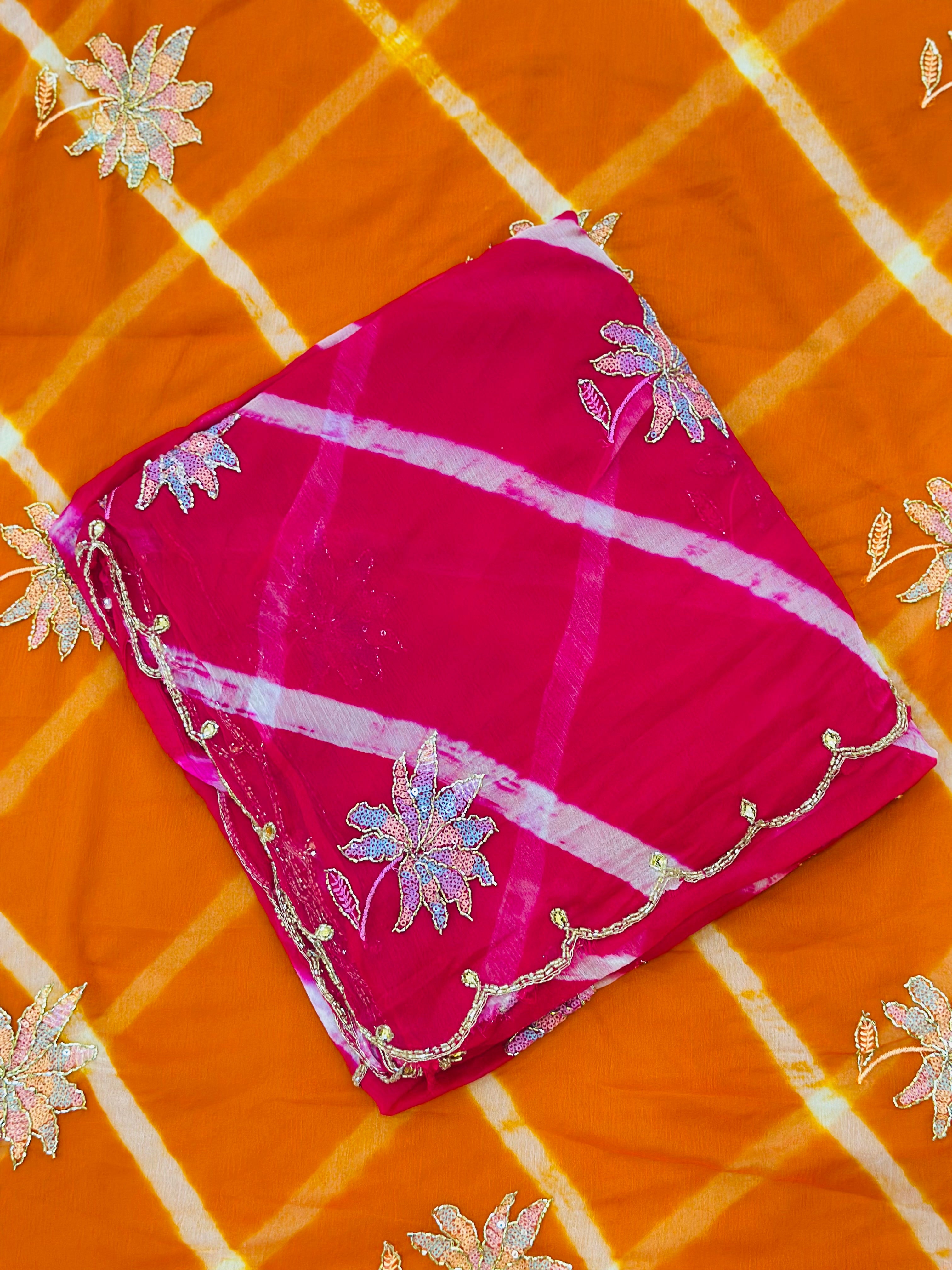 Traditional Leheriya Saree with Floral Handwork Detailing