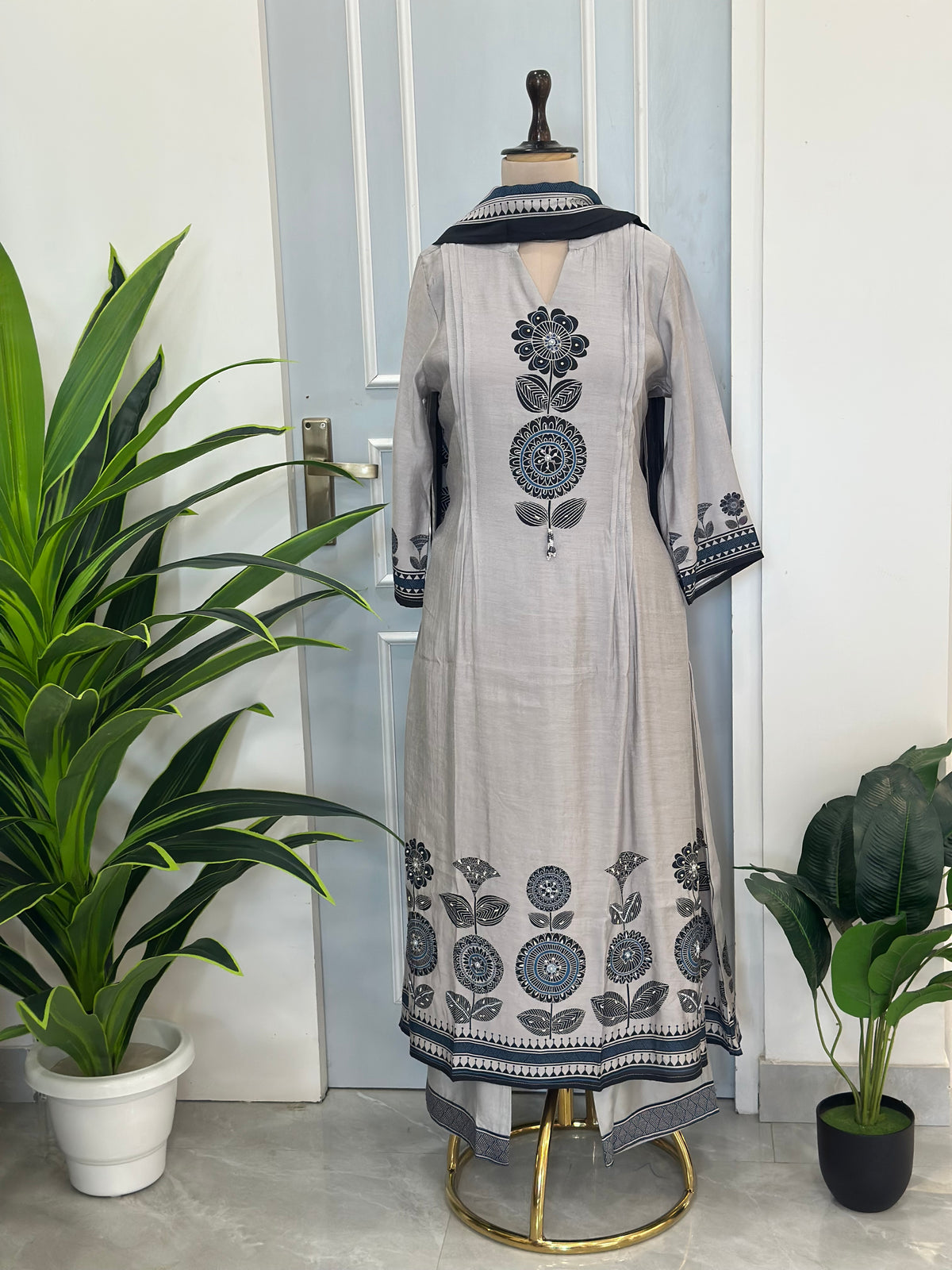 Elegant Floral Aline Kurta Palazzo Set with Dupatta