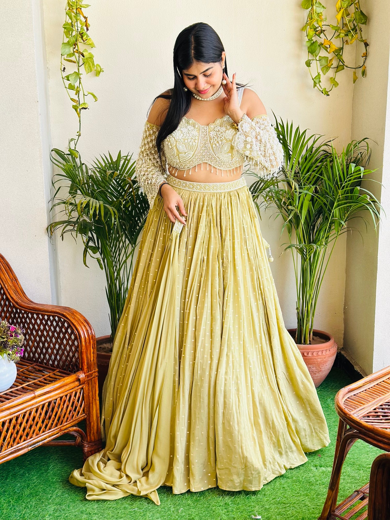 Elegant Off-Shoulder Handwork Lehenga Set
