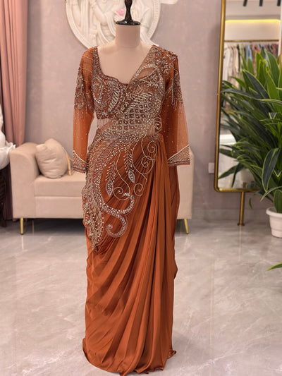 Rust Embellished Designer Drape Saree