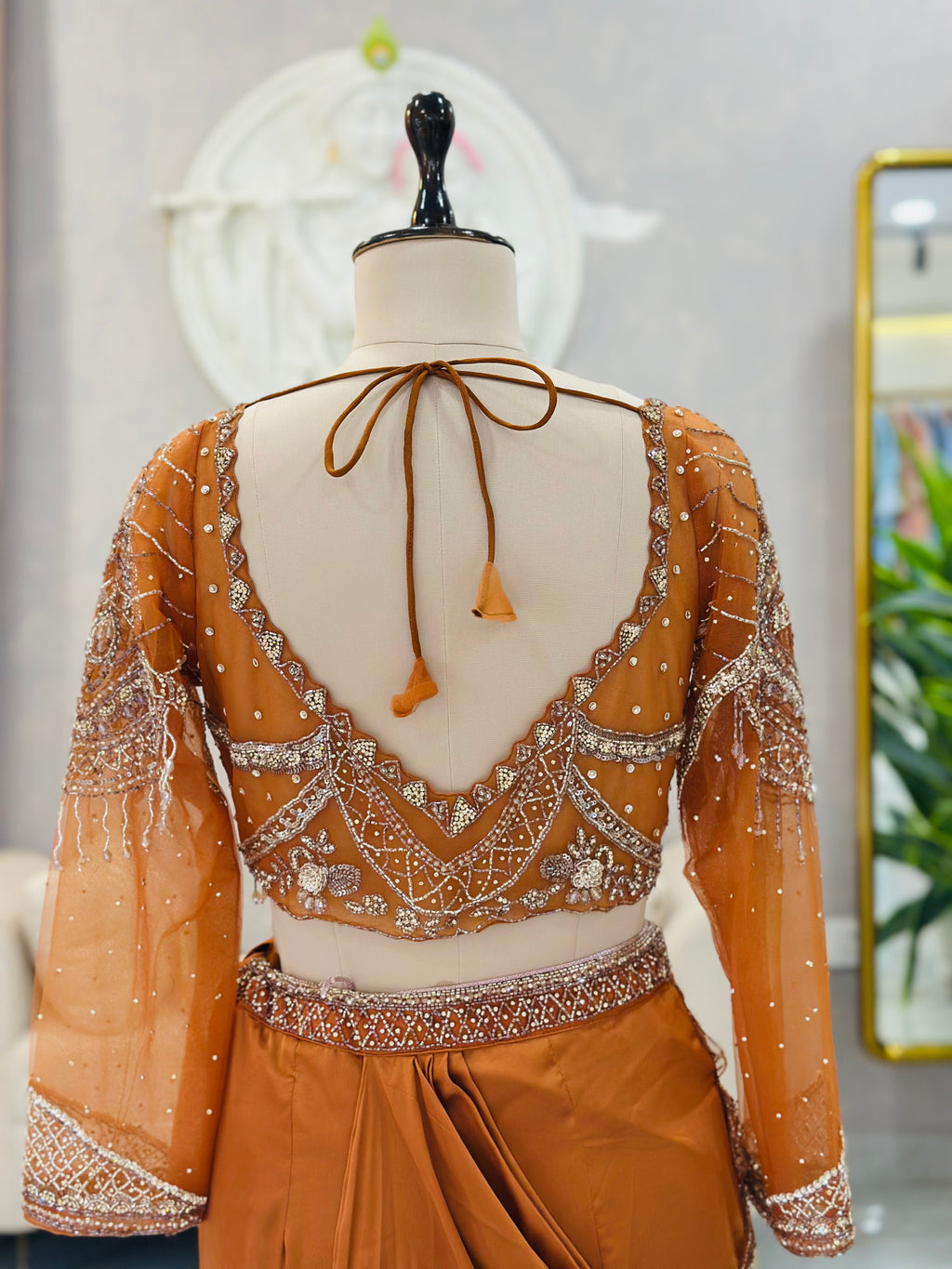 Rust Embellished Designer Drape Saree