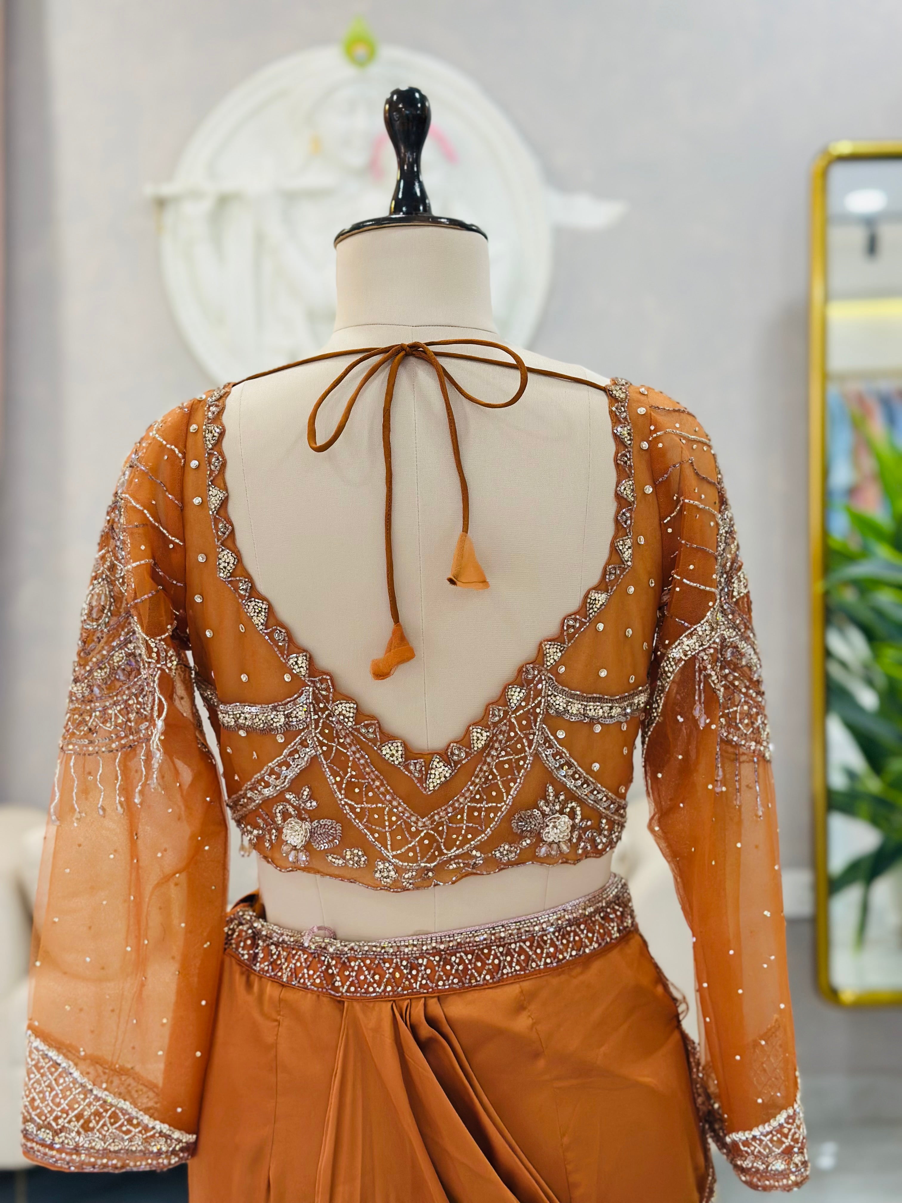 Rust Embellished Designer Drape Saree