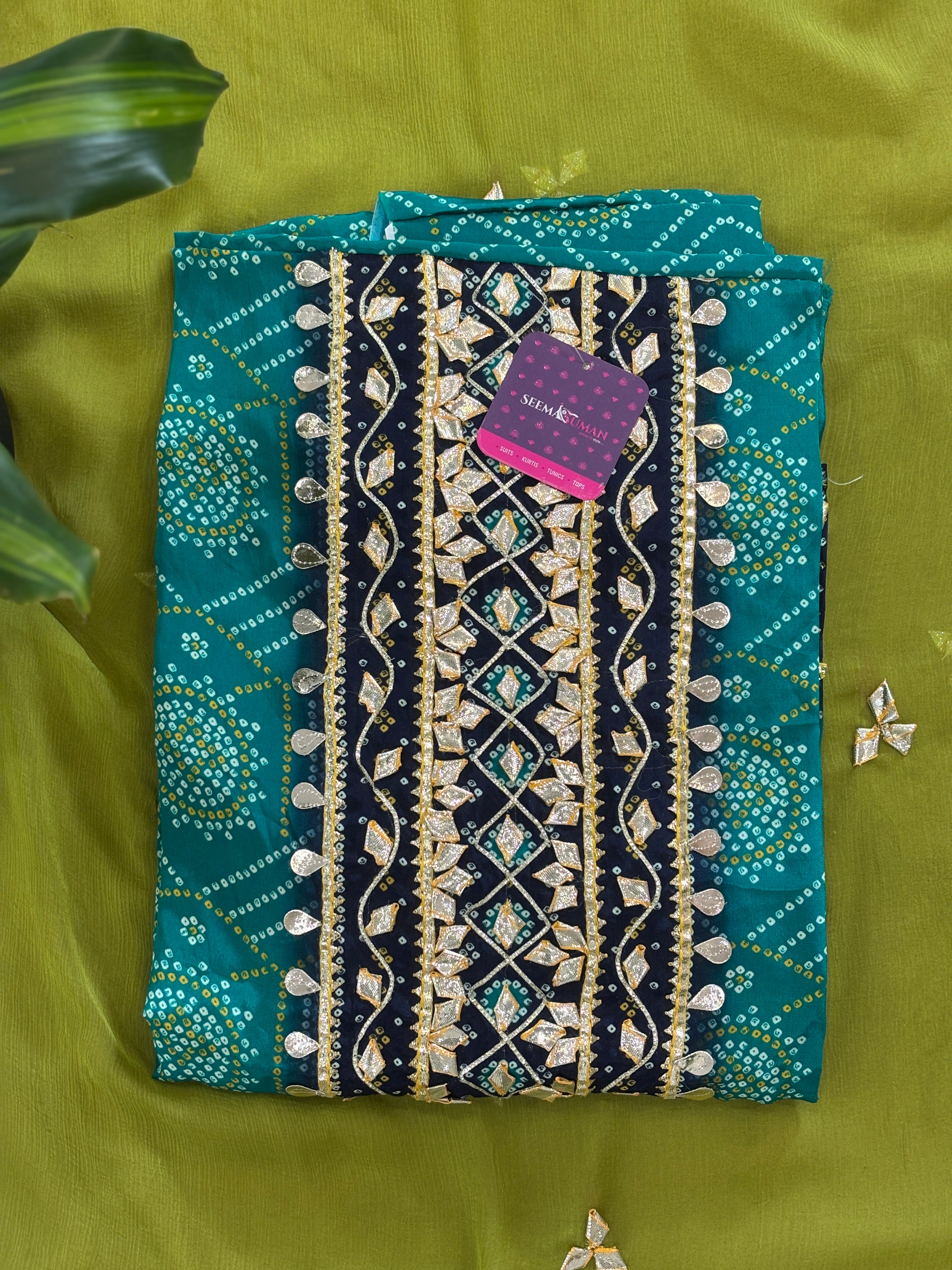 Festive Bandhani Gota Work Unstitched Suit Set