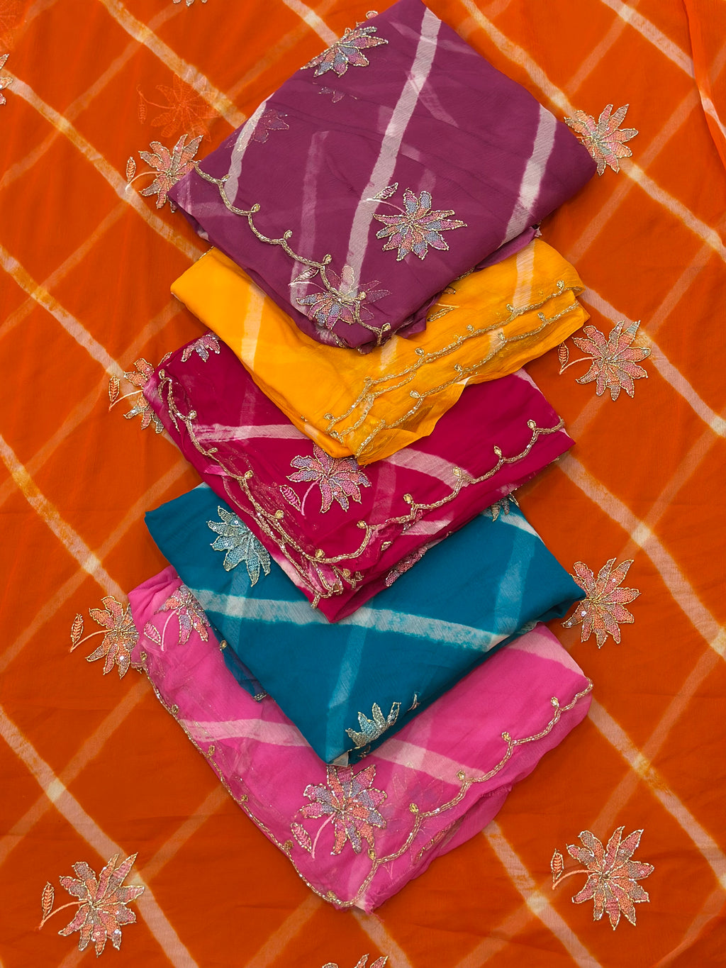 Traditional Leheriya Saree with Floral Handwork Detailing