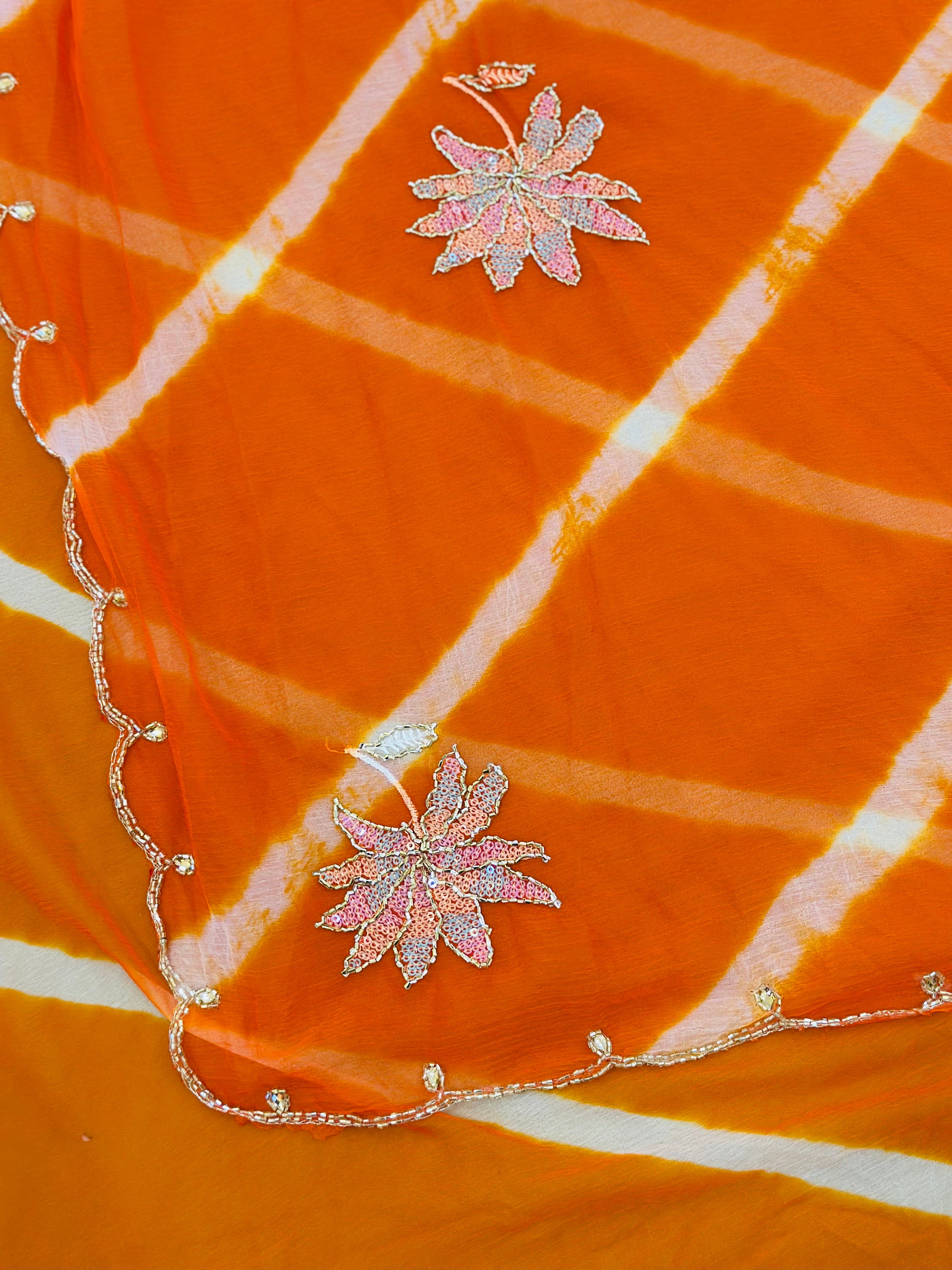 Traditional Leheriya Saree with Floral Handwork Detailing