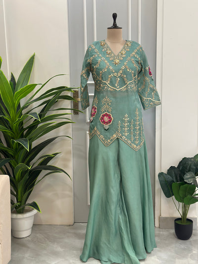 Elegant Handwork Kurta Palazzo Indo-western Set With Dupatta