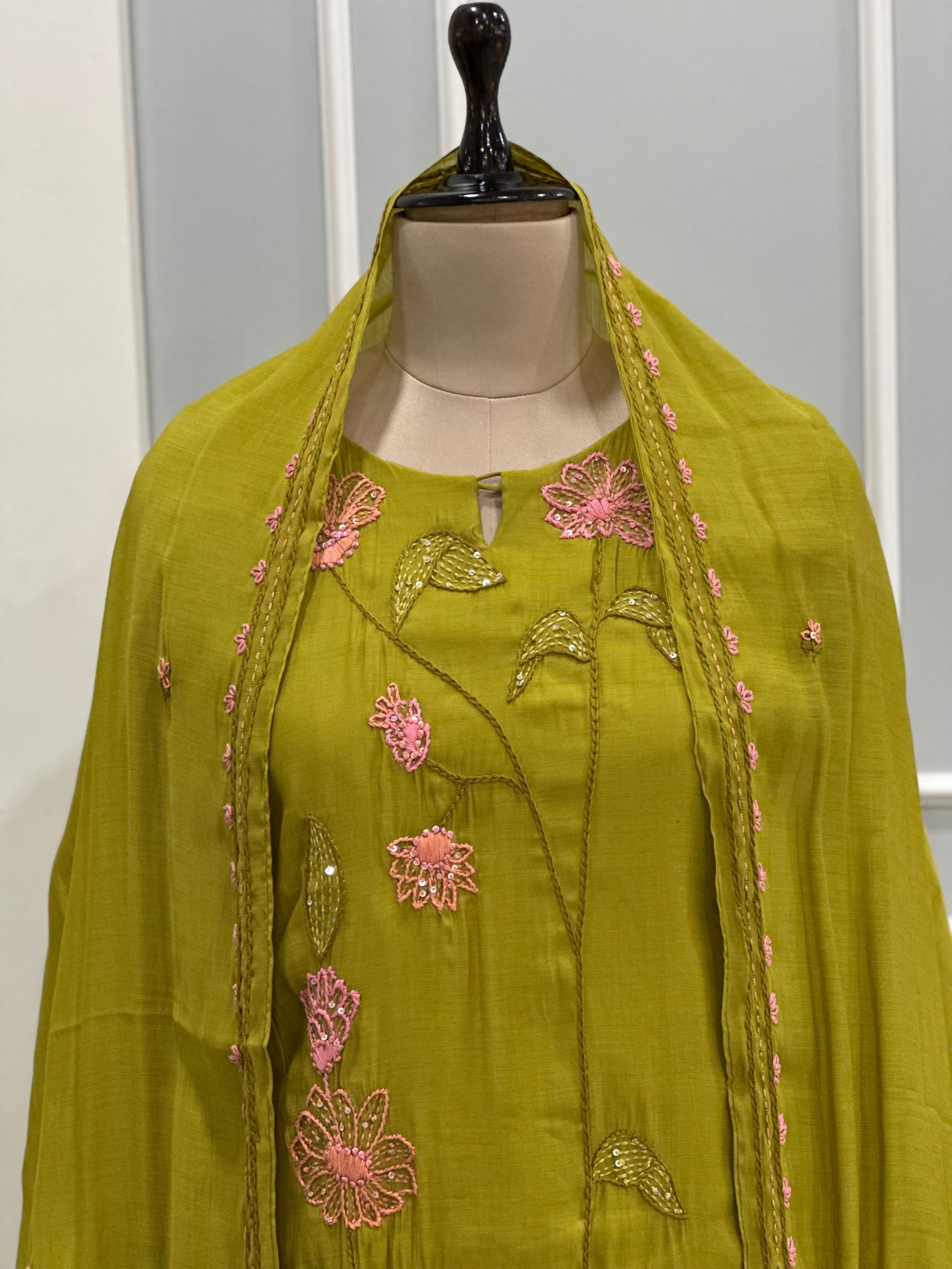 Premium mul Chanderi handwork three piece suit set