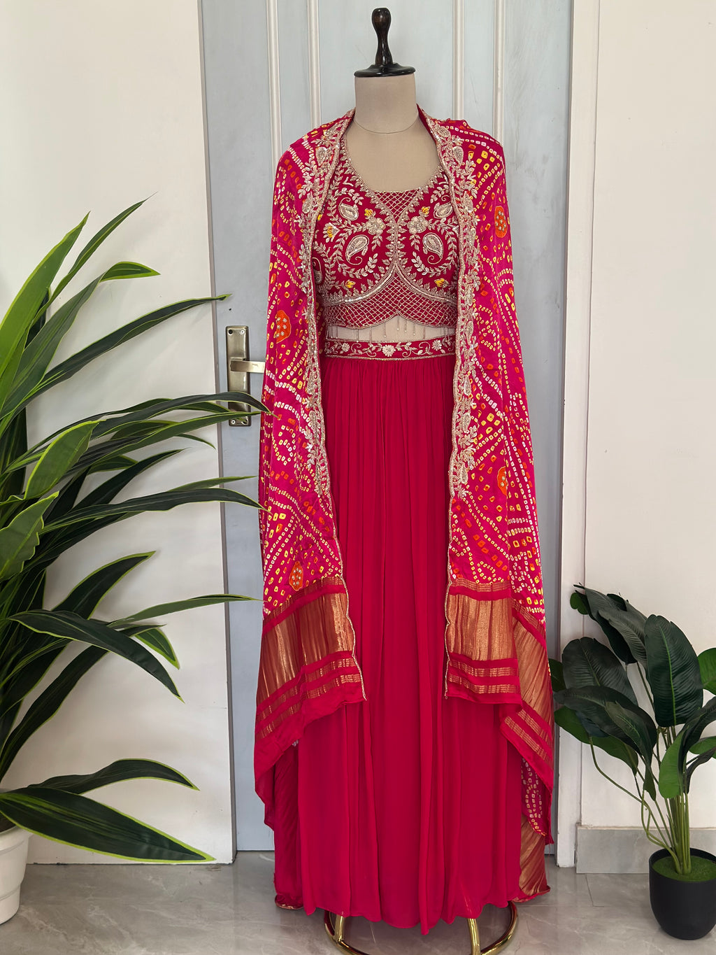 Designer Bandhani Shrug Style Skirt Set