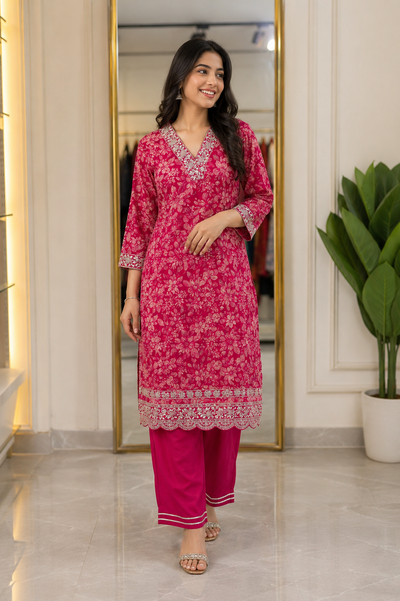 ✨ Floral Print Kurta Set with Chiffon Dupatta ✨