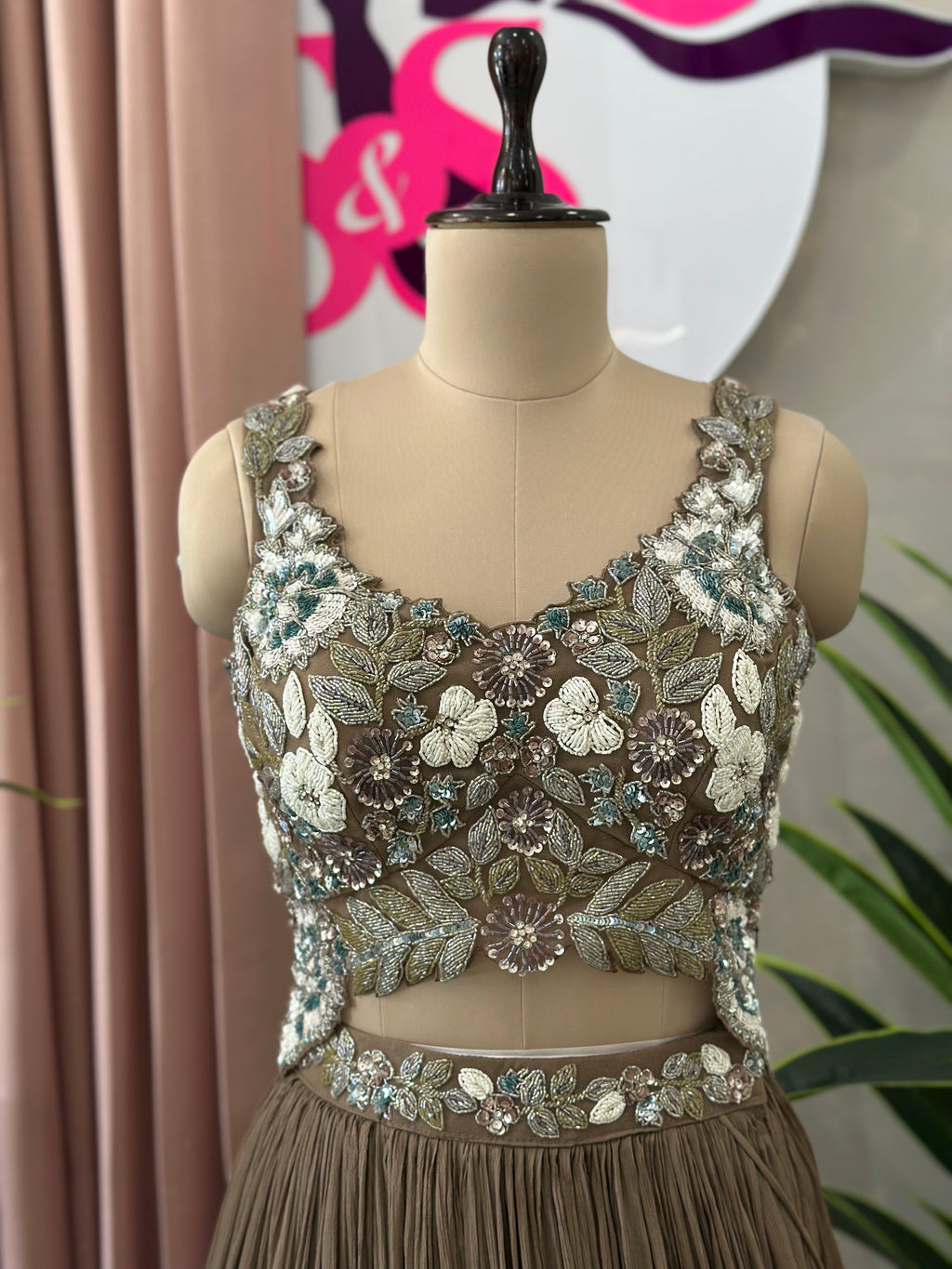 Designer Handwork Blouse Lehenga with Pleated Skirt