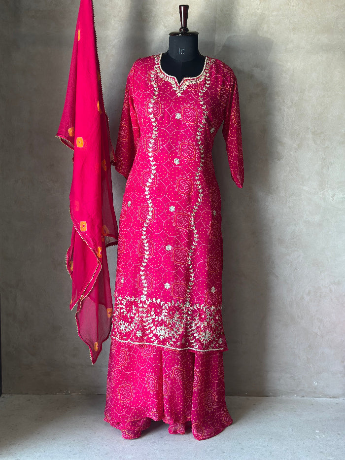 Bhandej Kurta Set With Flared Plazo In Plus Size