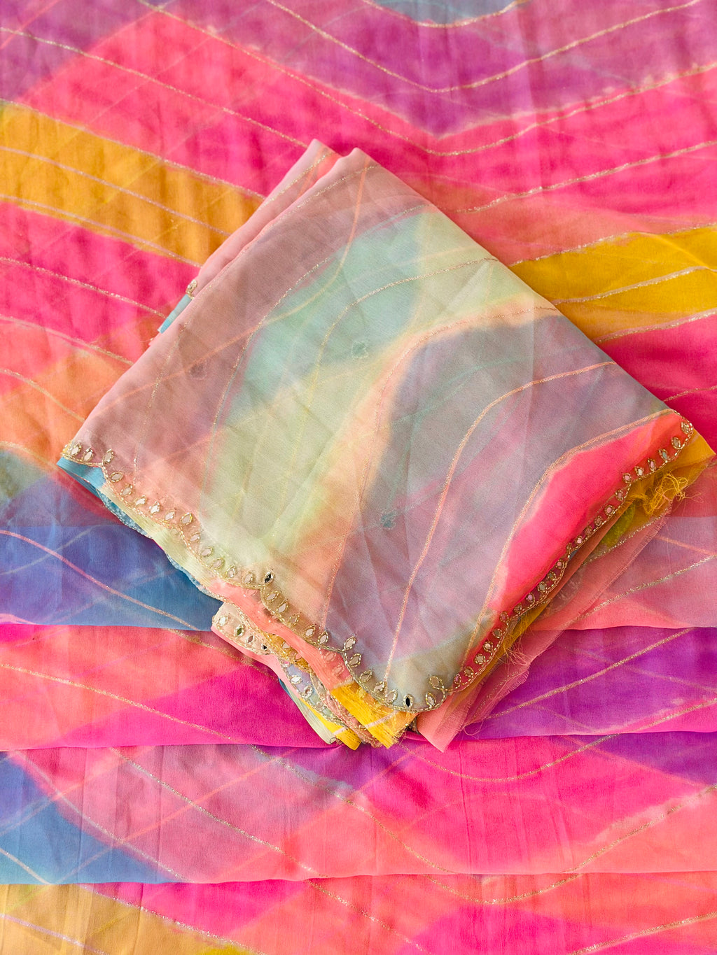 Ethnic Multishade Georgette Saree with Cutdhana & Gota Work