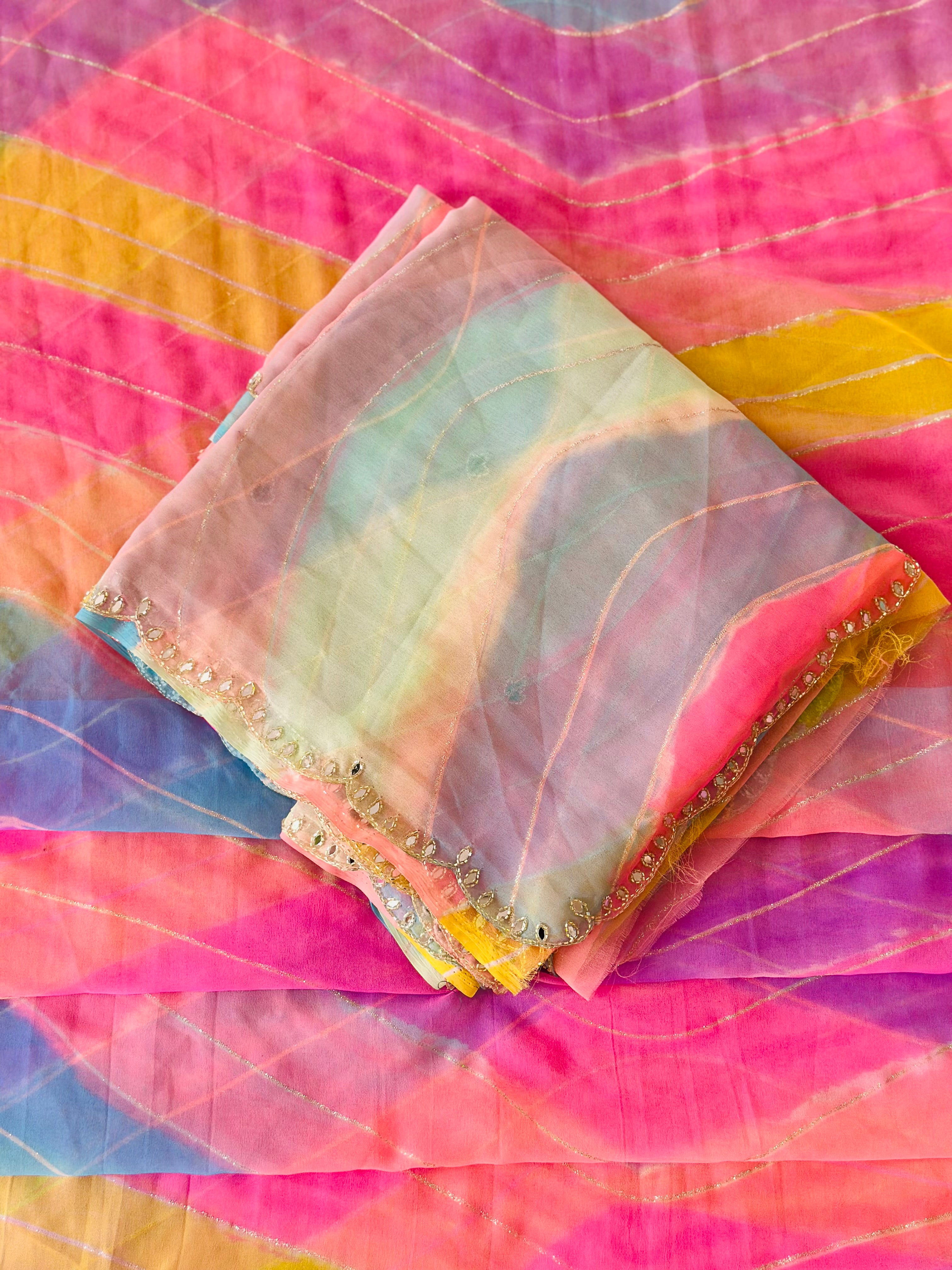 Ethnic Multishade Georgette Saree with Cutdhana & Gota Work